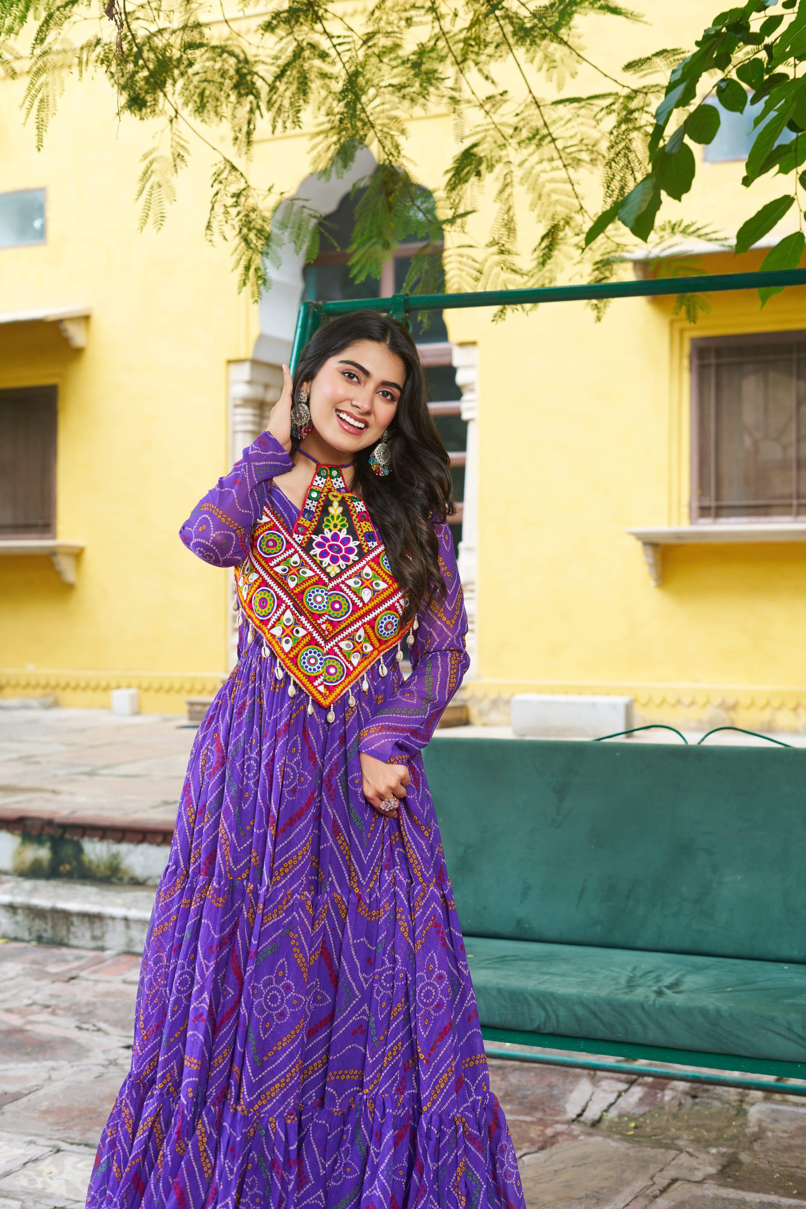 Pretty Pink Georgette Kutchi Work Gown For Navratri