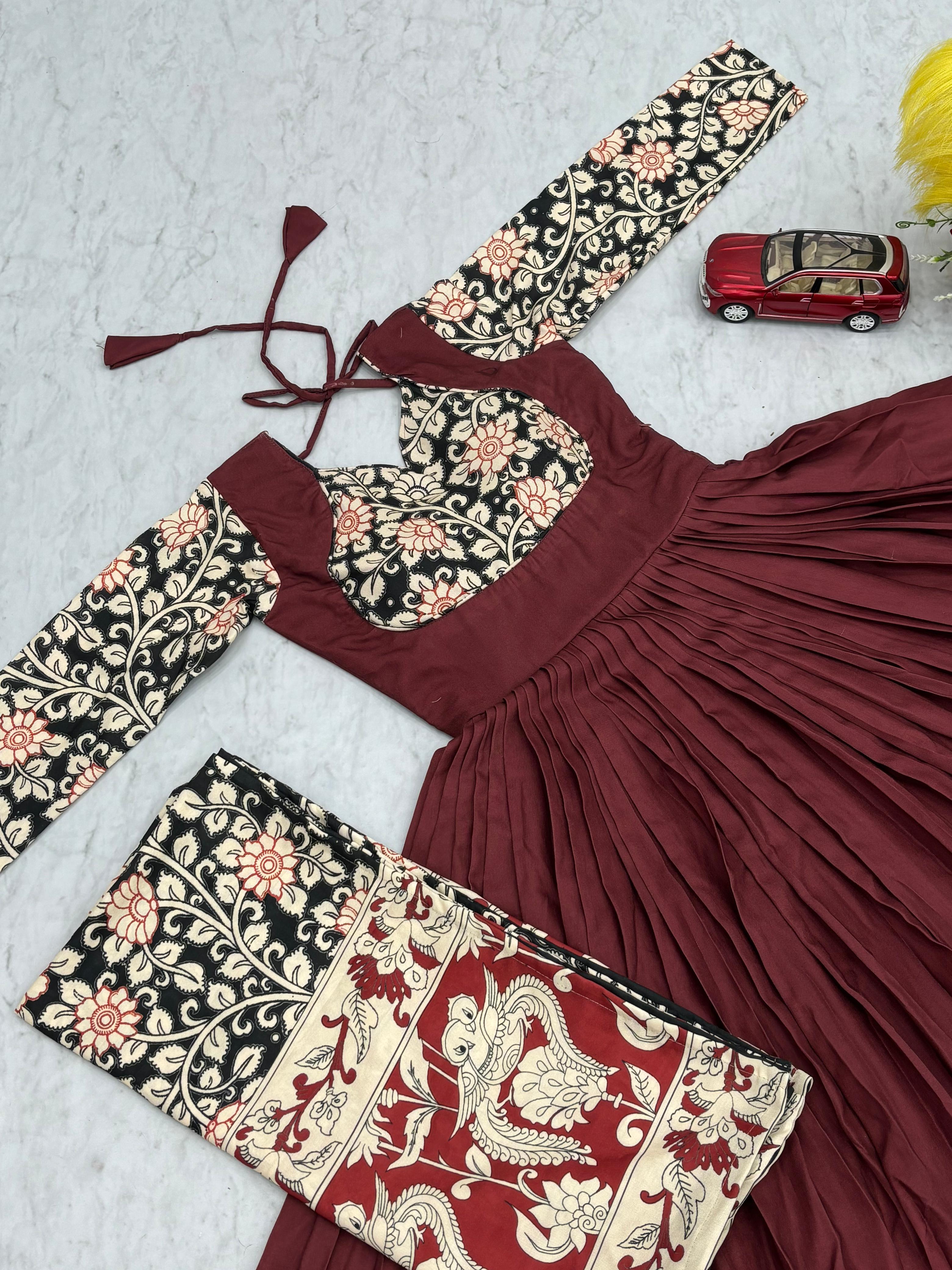 Stylish Peach Rayon Cotton Kalamkari Print Gown