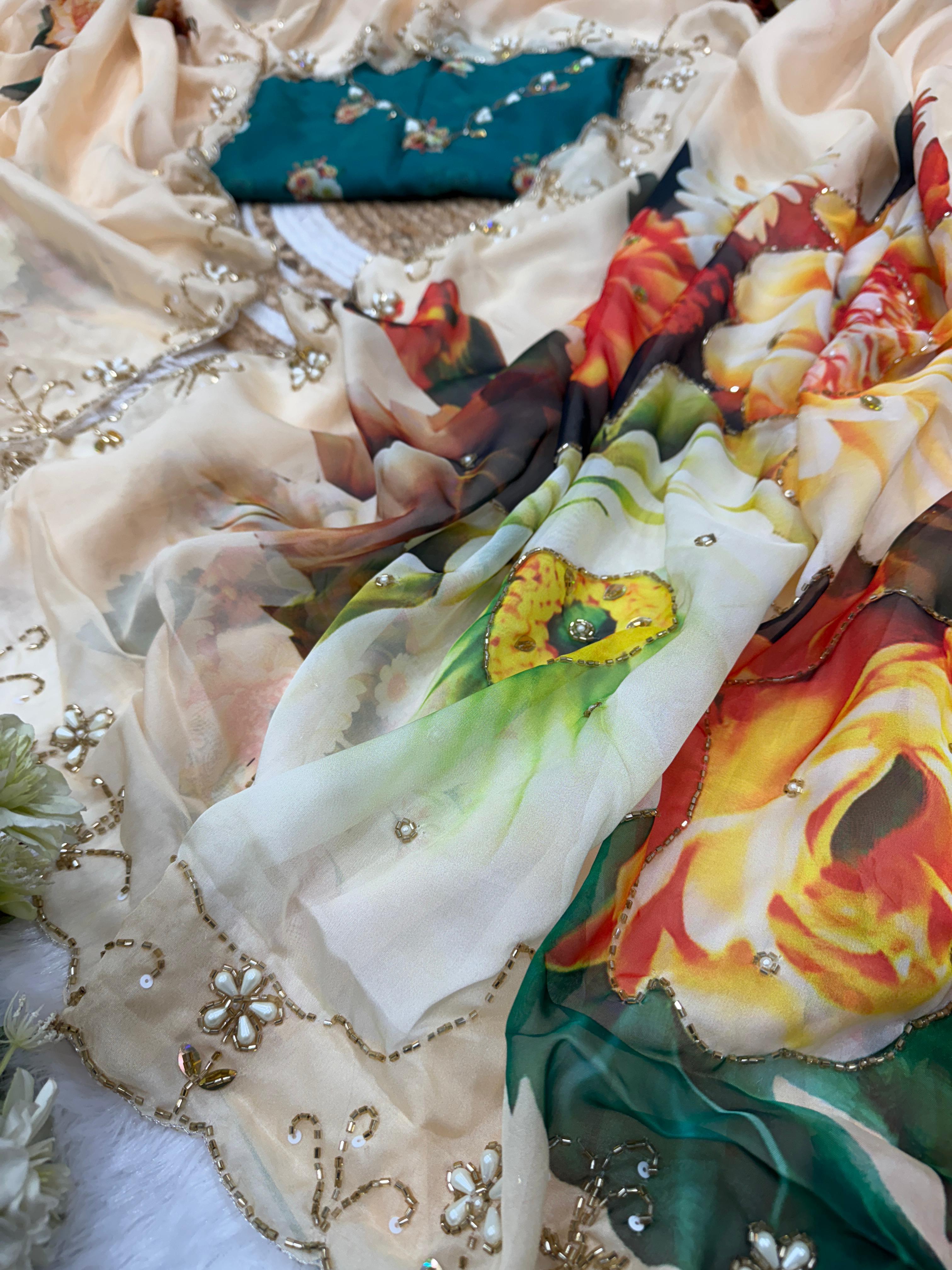 Awesome Beige Tabby Silk Handwork Saree