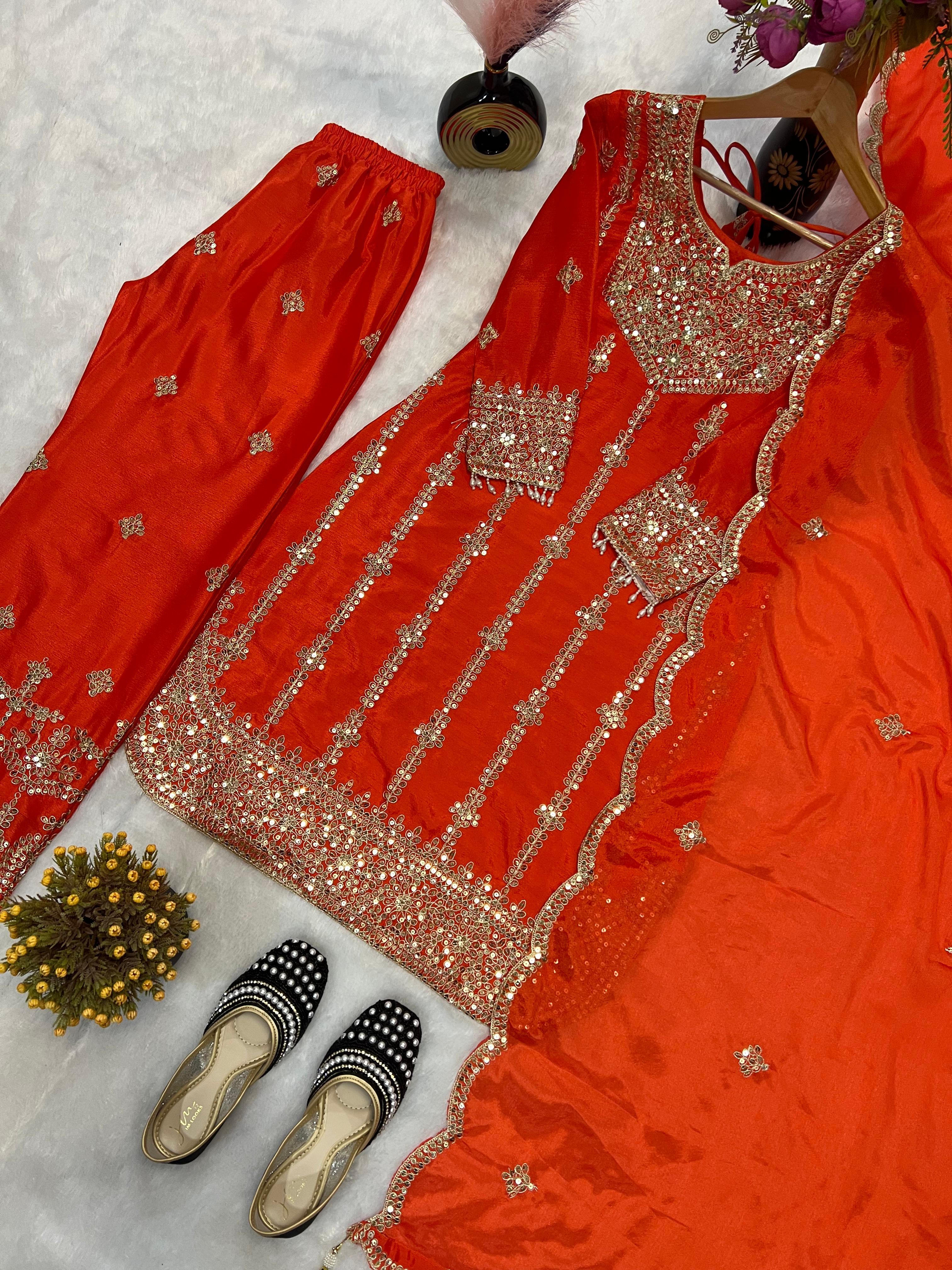 Gorgeous Red Chinon Silk Sequence Work Palazzo Suit