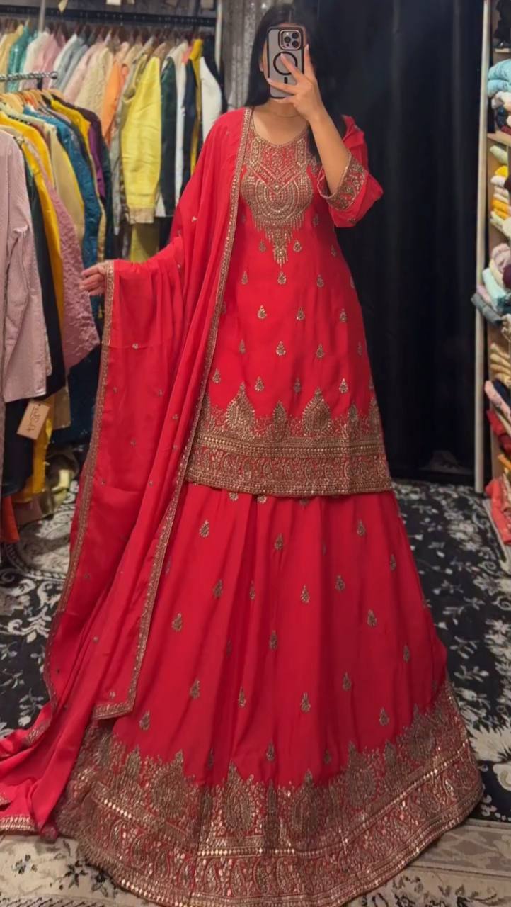 Pretty Mustard Chinon Silk Embroidery Sequence Work Top With Lehenga