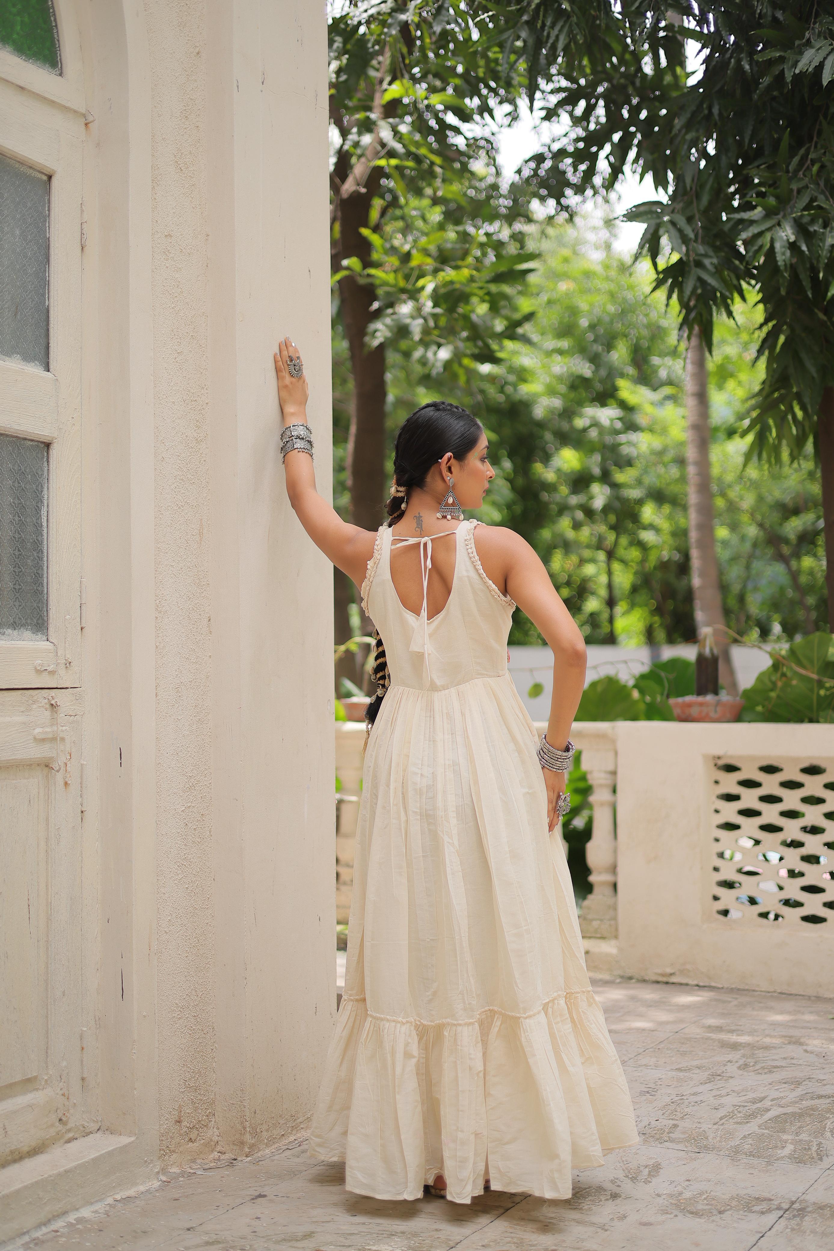 Amazing Off-White Cotton Embroidered Gown For Navratri