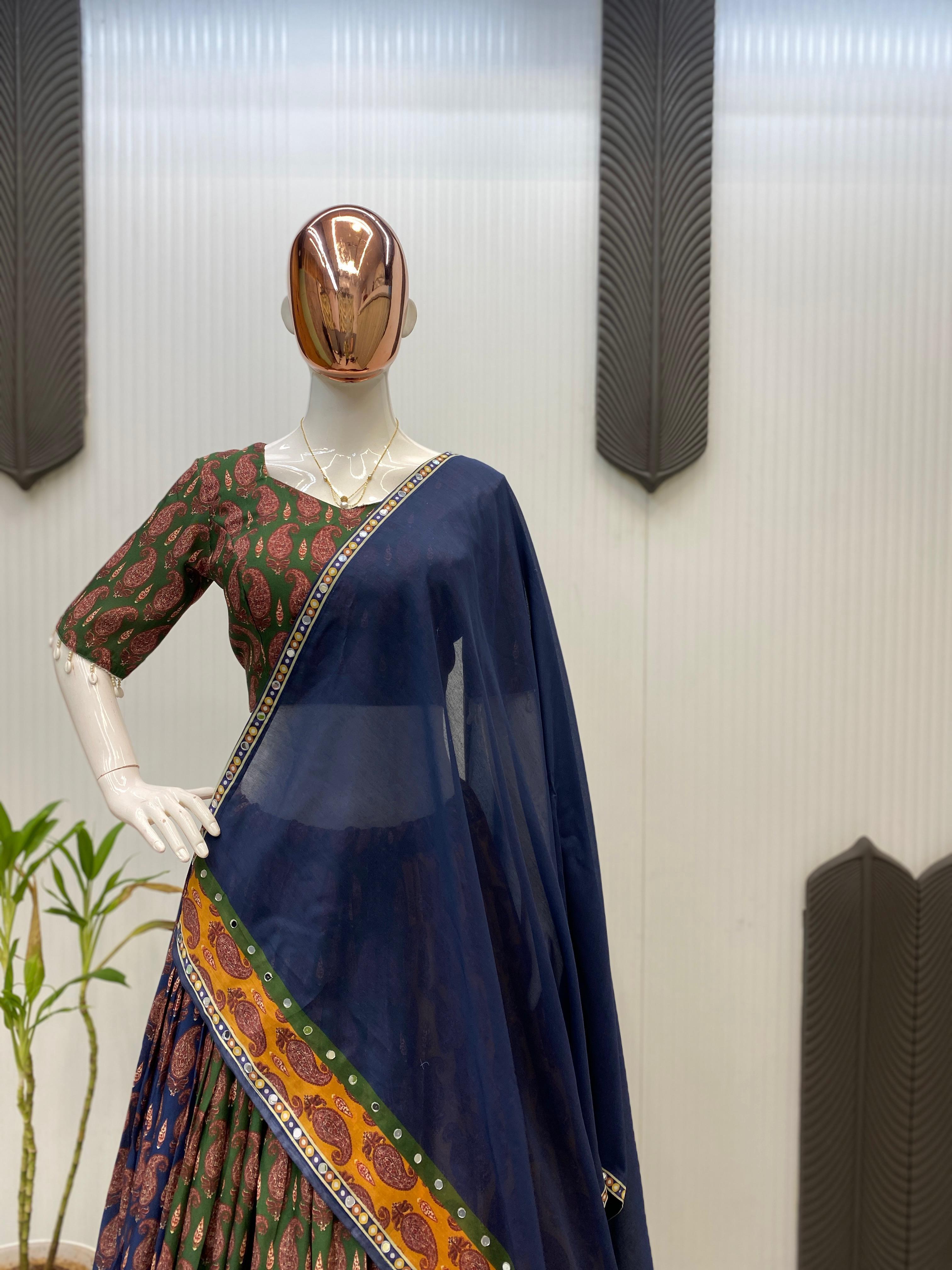 Glorious Blue Color Mirror Work Lehenga Choli