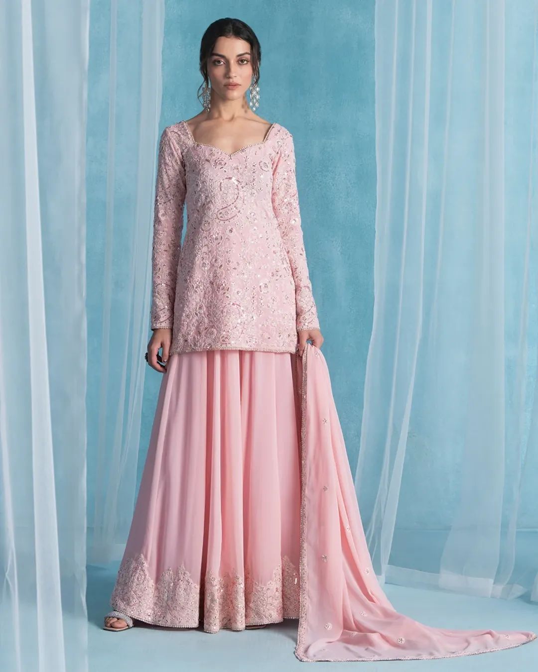 Trendy Pink Georgette Sequence Work Sharara Suit