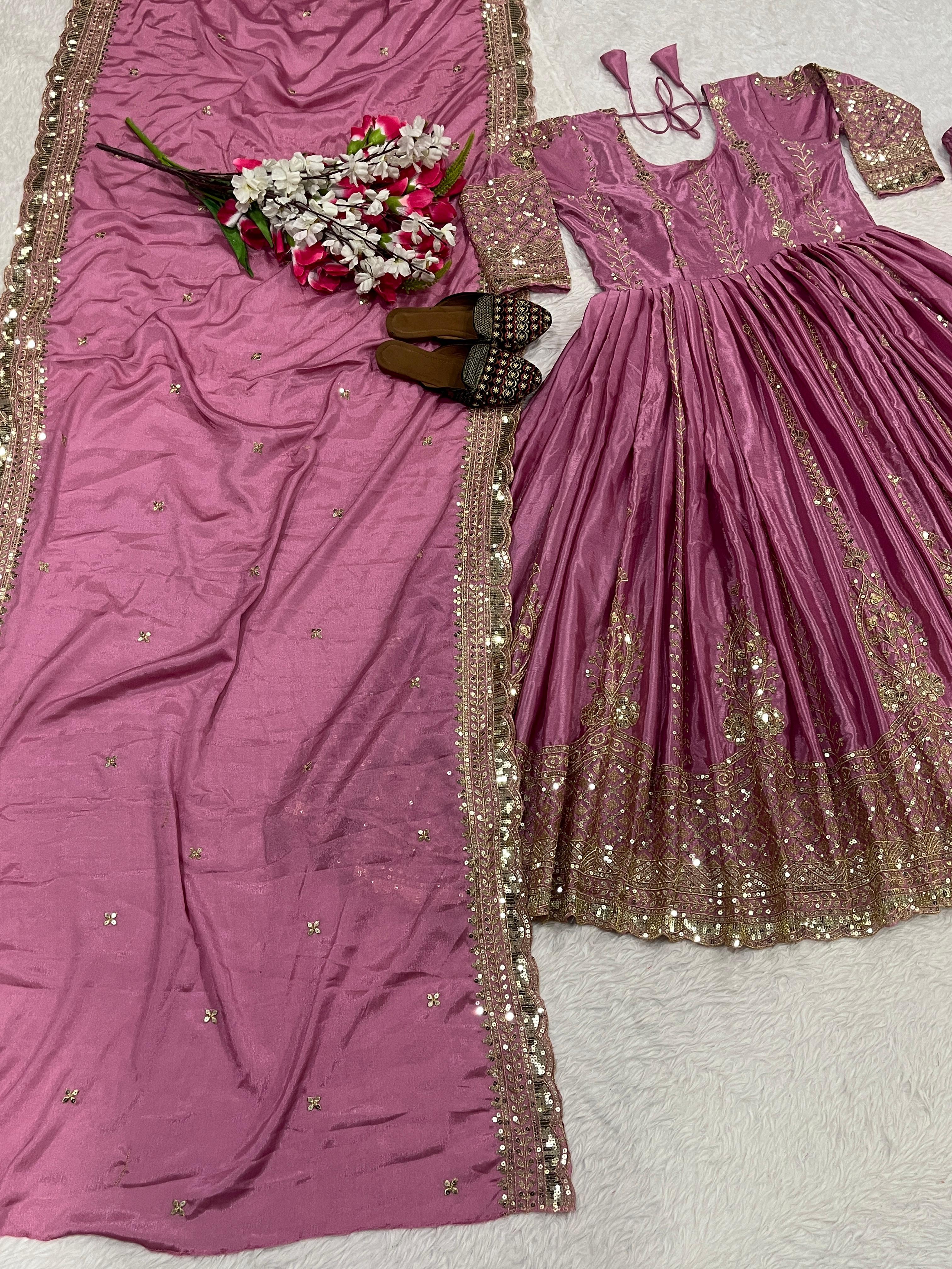 Stylish Onion Color Embroidery Work Anarkali Suit