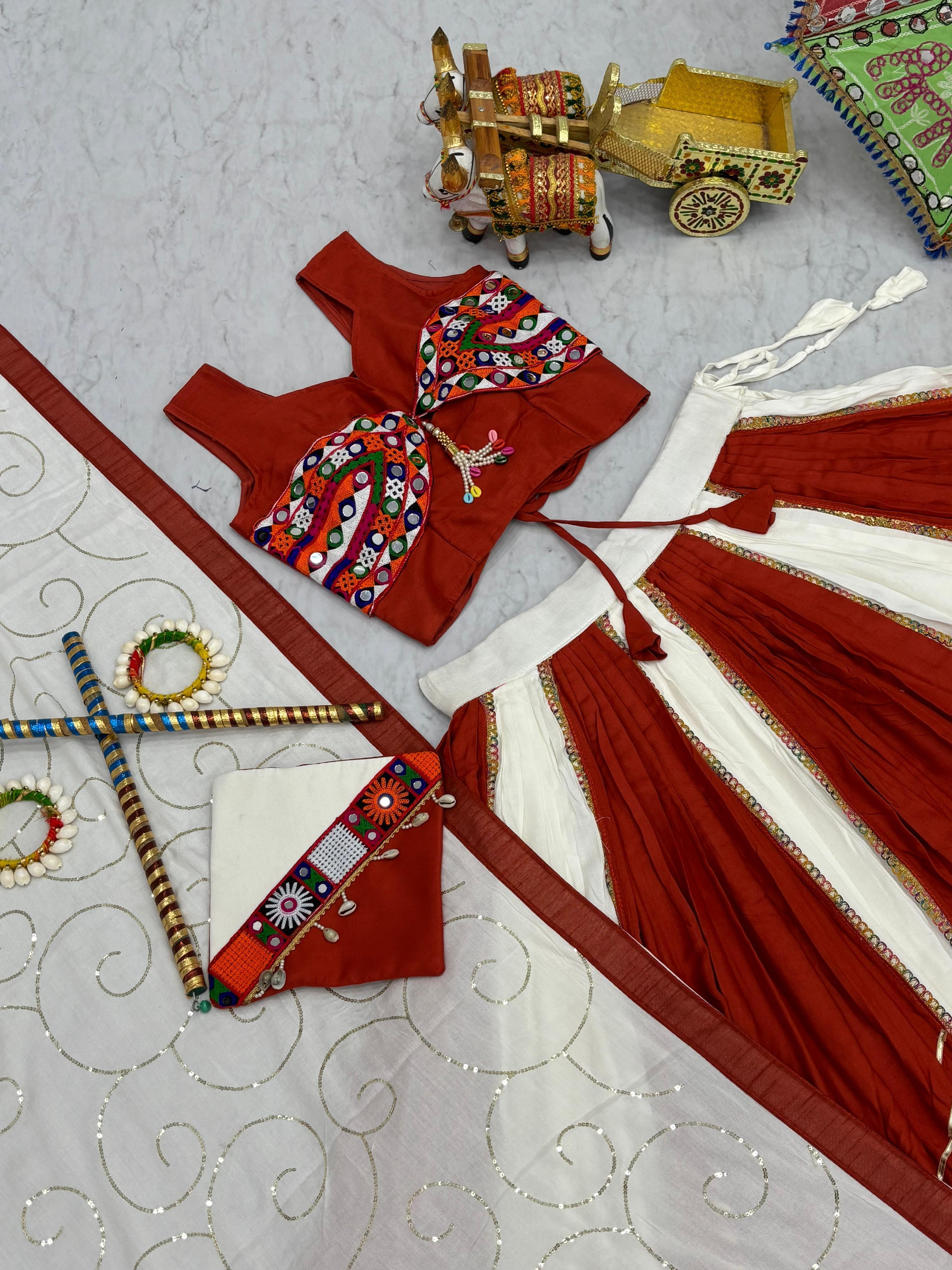 Trendy Red Cotton Gamthi Work Lehenga Choli For Navratri