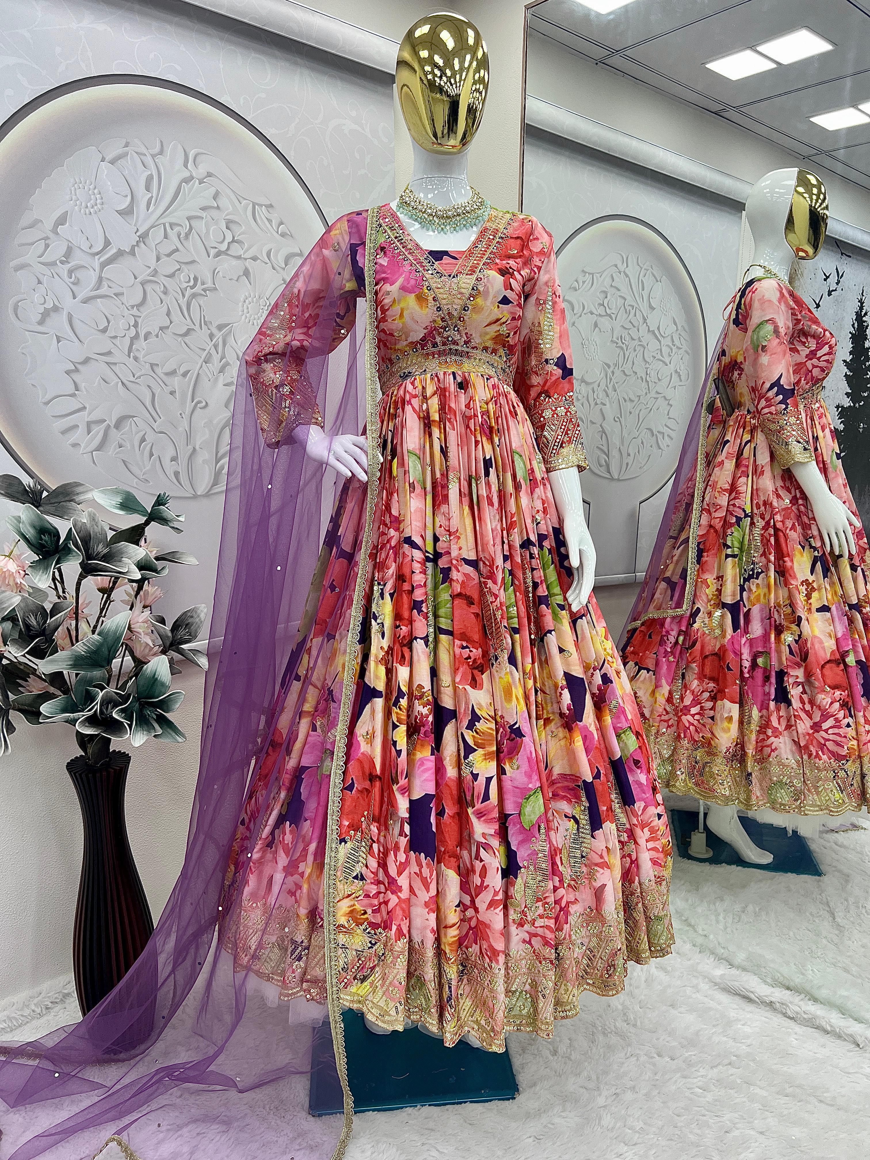Alluring Multicolor Chinon Silk Embroidery Work Gown