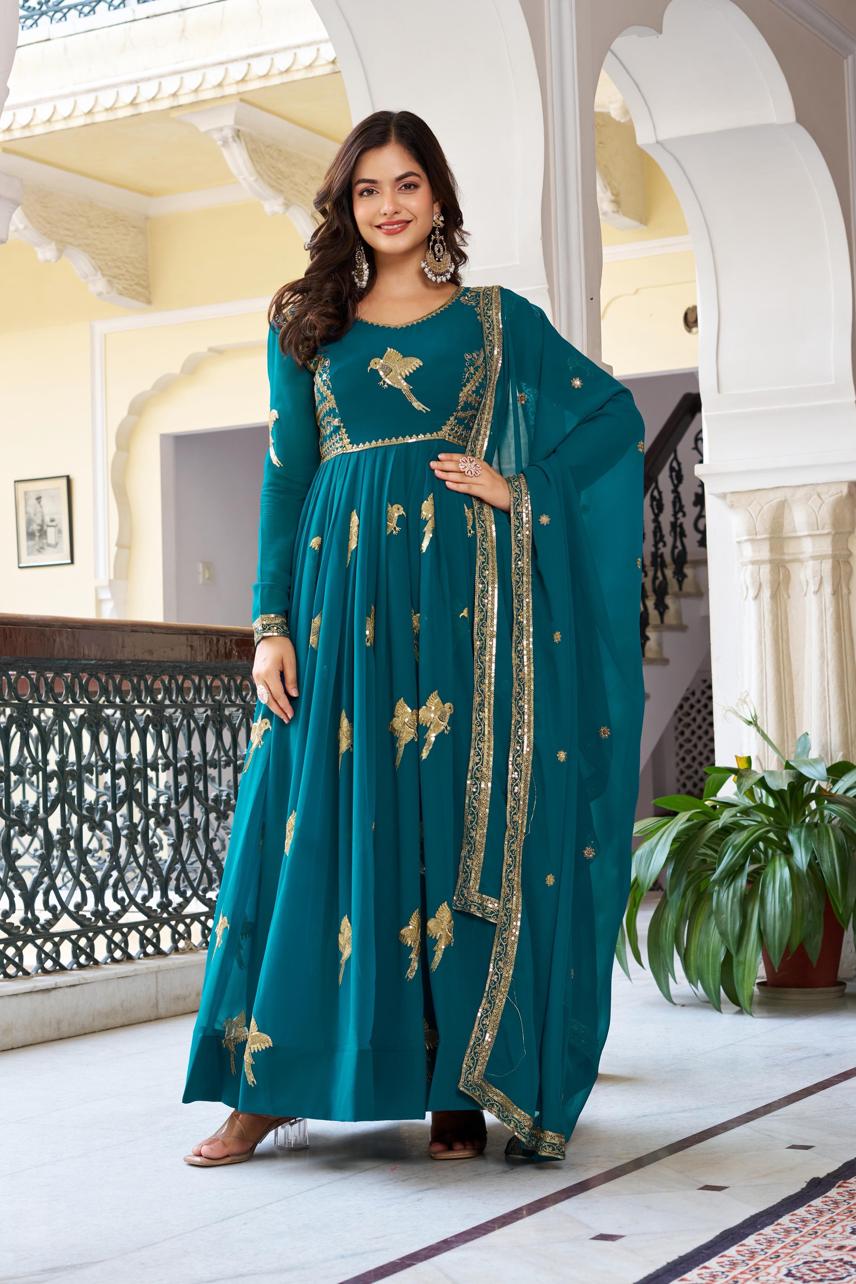Glorious Pink Georgette Thread Work Gown