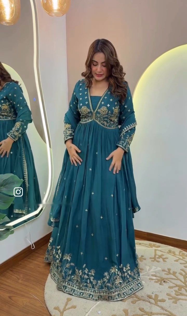 Trendy Teal Blue Dola Silk Embroidery Work Gown