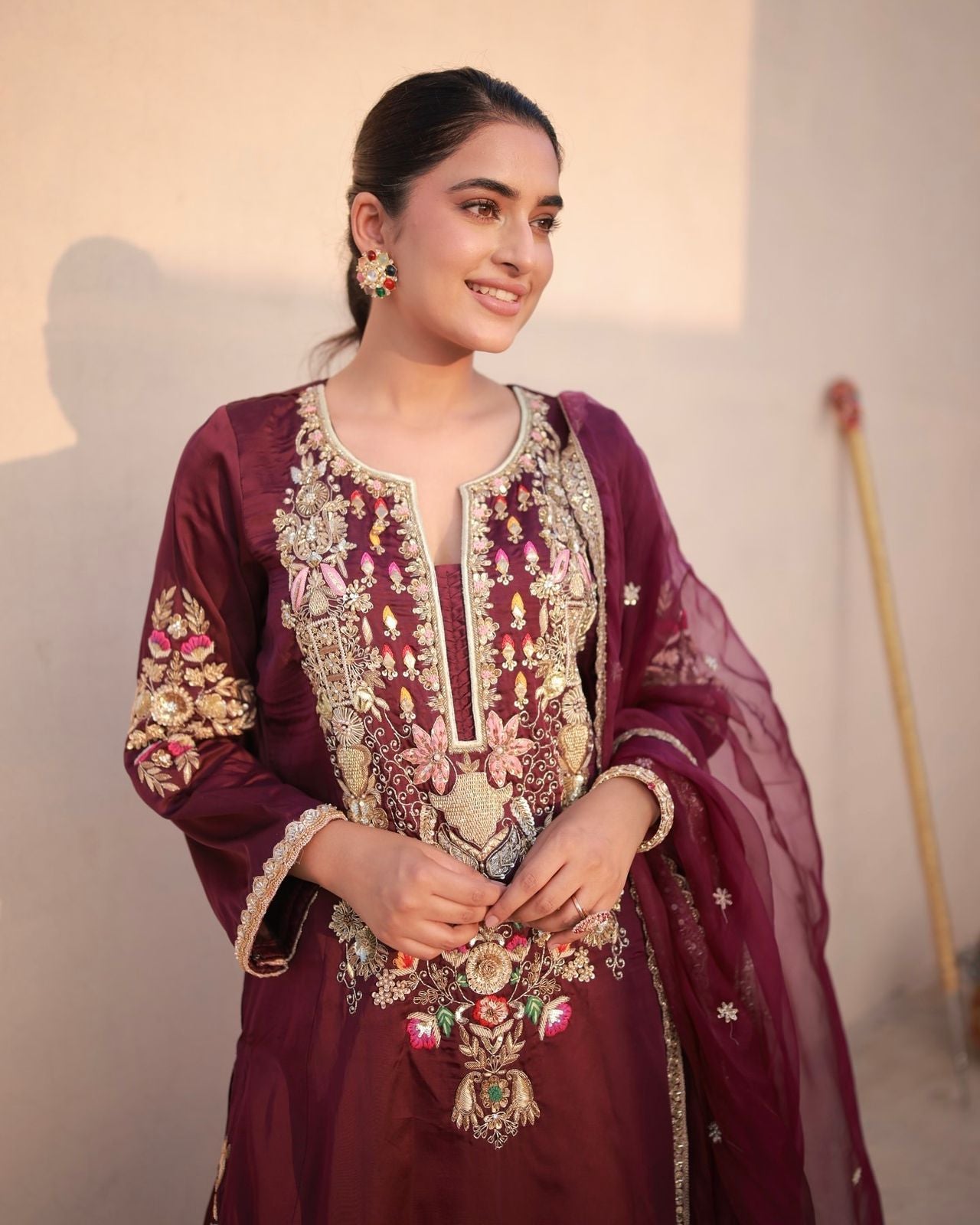 Pretty Maroon Satin Silk Work Palazzo Suit