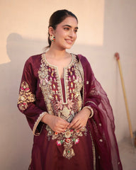 Pretty Maroon Satin Silk Work Palazzo Suit