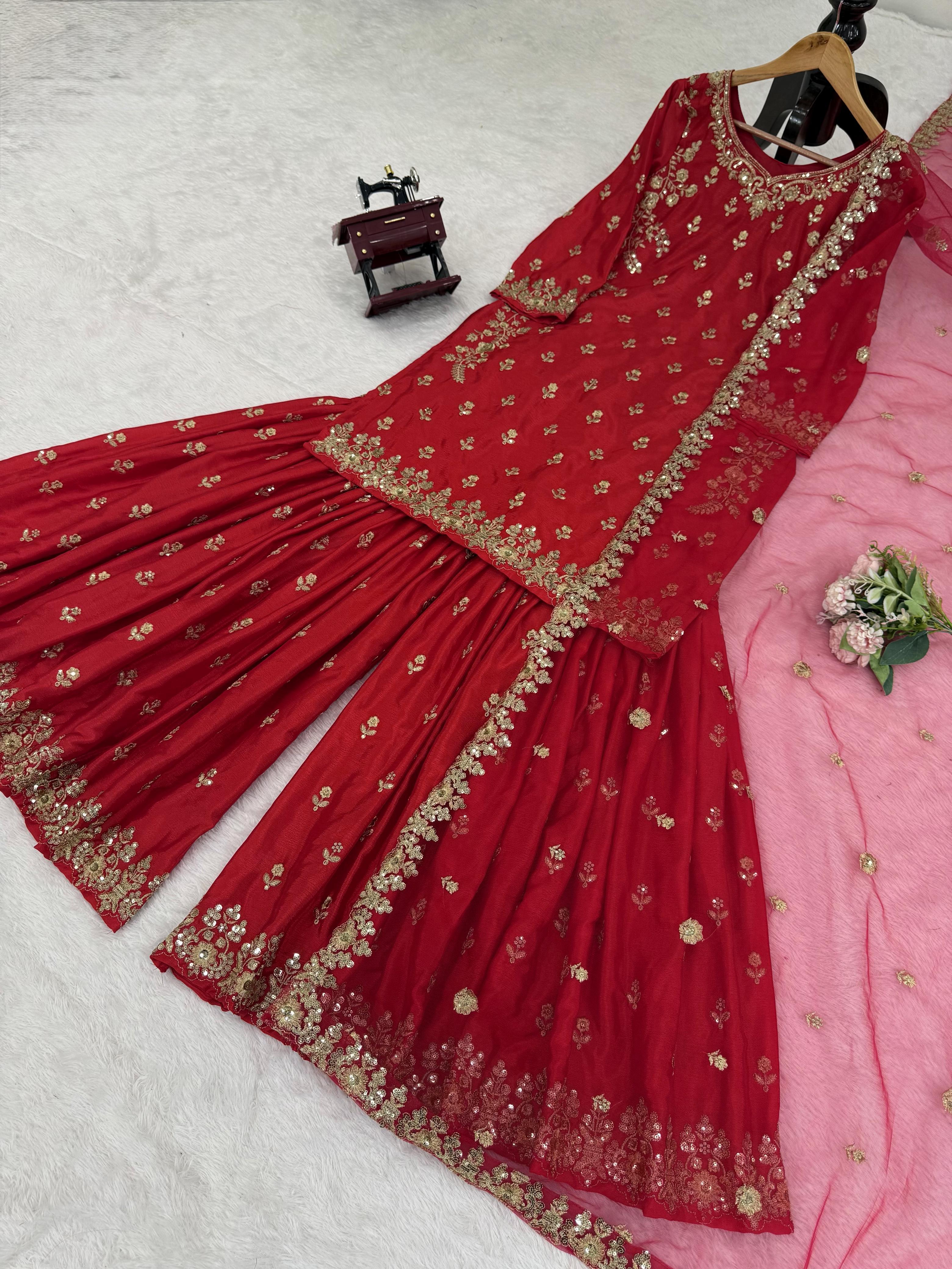 Lovely Red Chinon Silk Sequence Work Sharara Suit