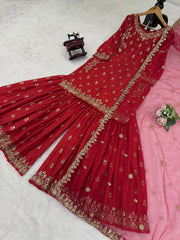 Lovely Red Chinon Silk Sequence Work Sharara Suit