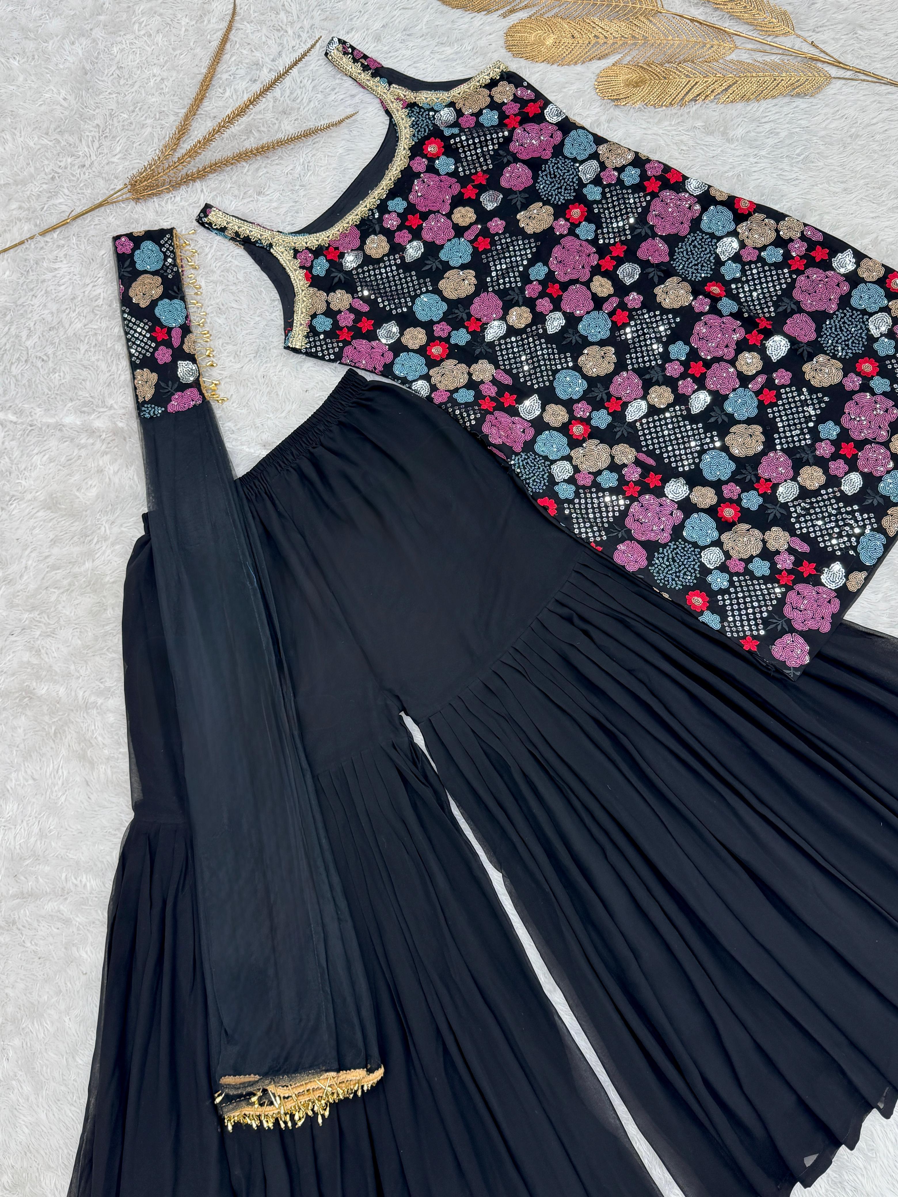 Marvelous Black Georgette Sequence Work Sharara Suit