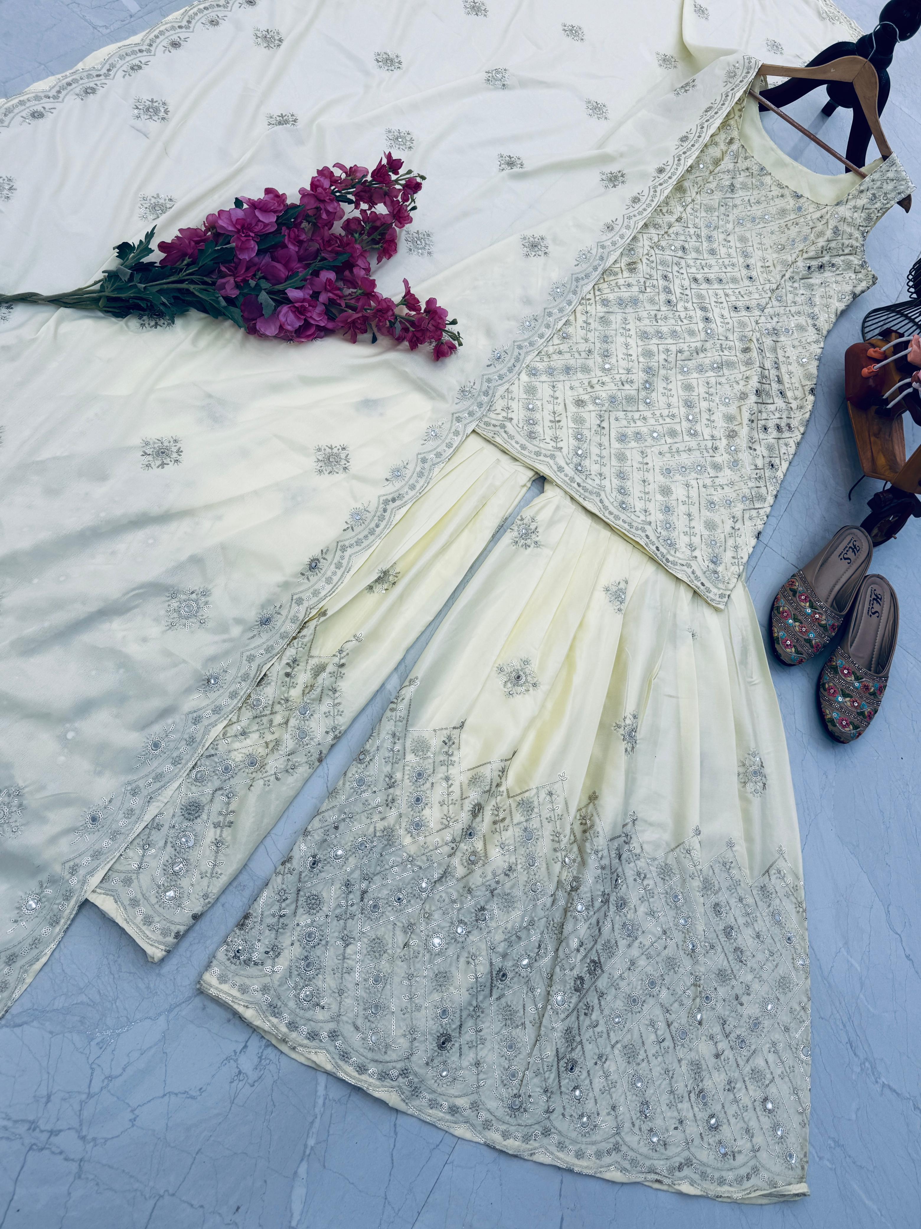 Ravishing Yellow Natural Crap Embroidery Sequence Palazzo Suit