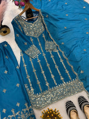 Exclusive Sky Blue Chinon Silk Sequence Work Palazzo Suit