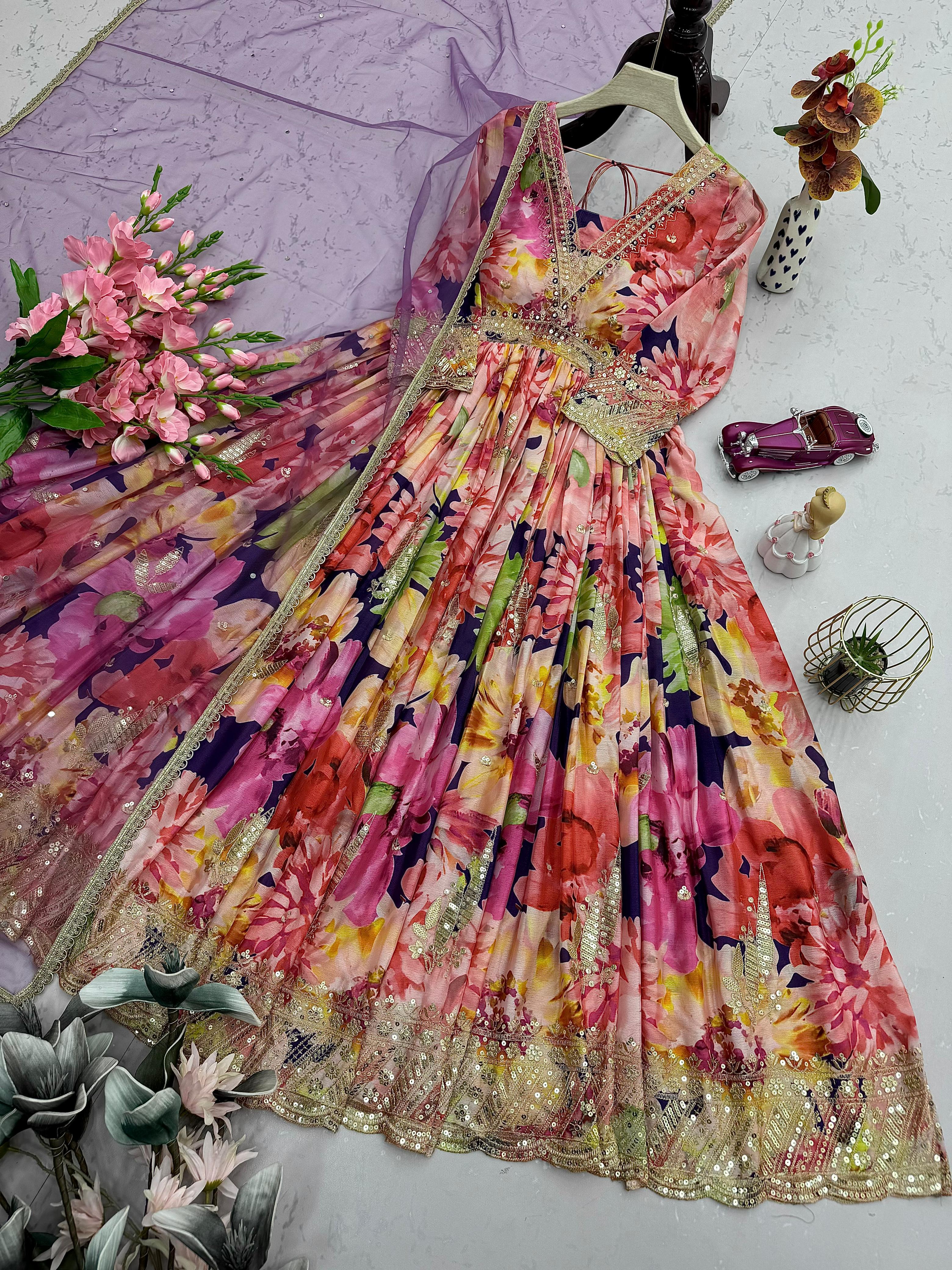 Alluring Multicolor Chinon Silk Embroidery Work Gown