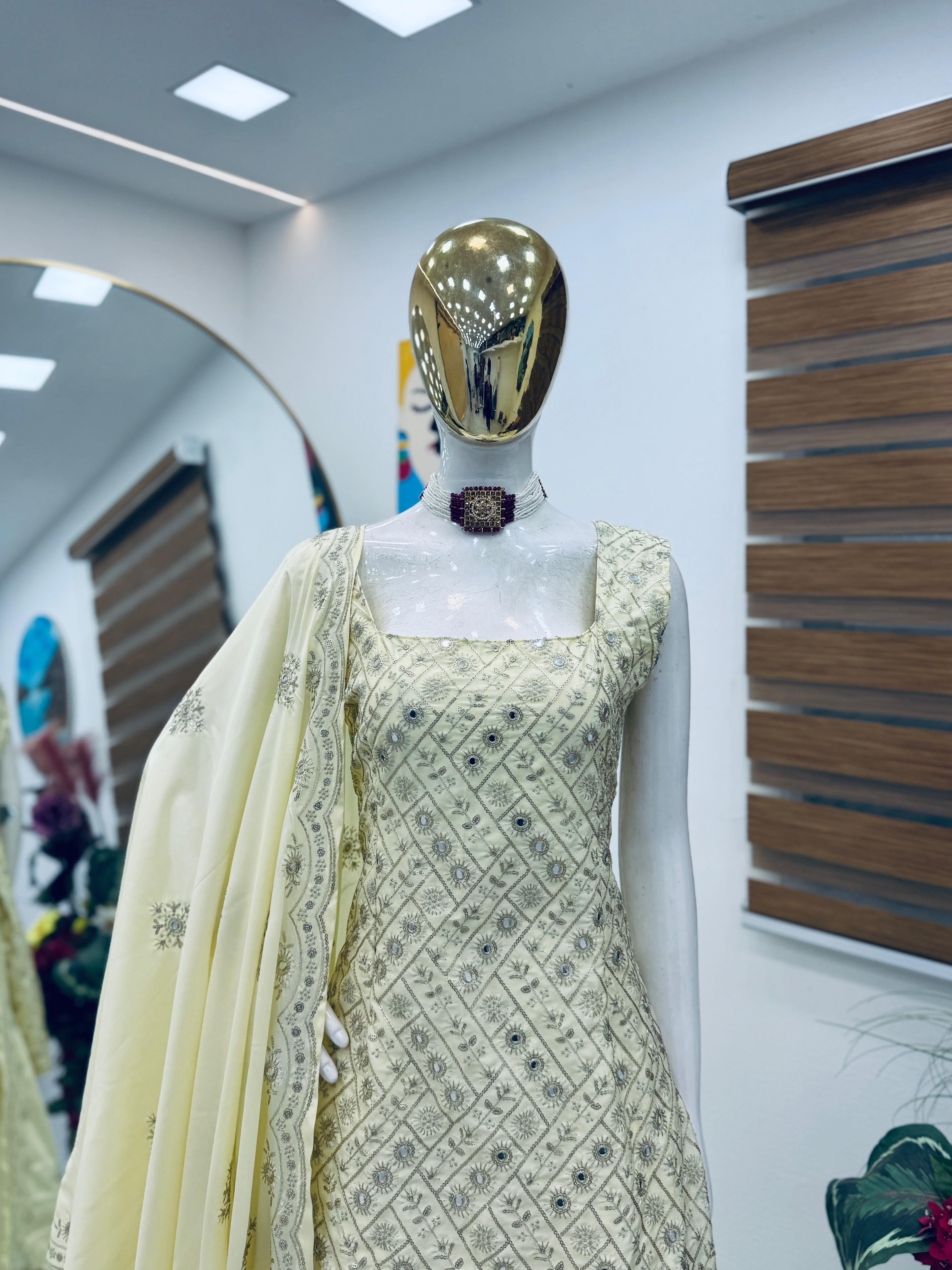 Ravishing Yellow Natural Crap Embroidery Sequence Palazzo Suit