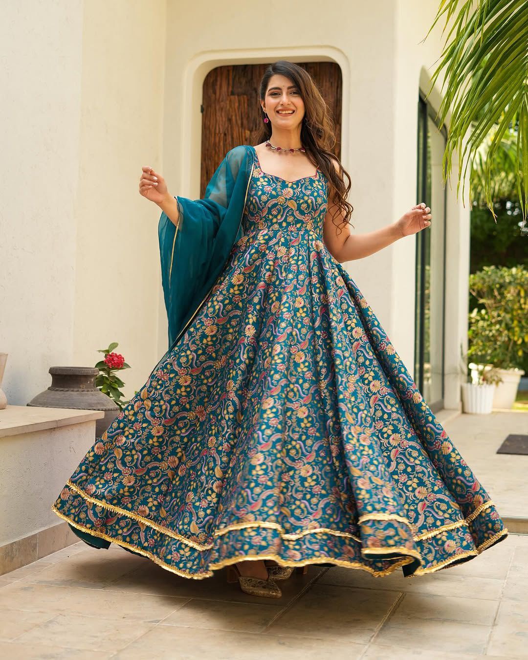 Gorgeous Teal Blue Organza Digital Printed Gown