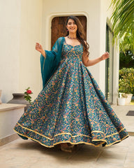Gorgeous Teal Blue Organza Digital Printed Gown
