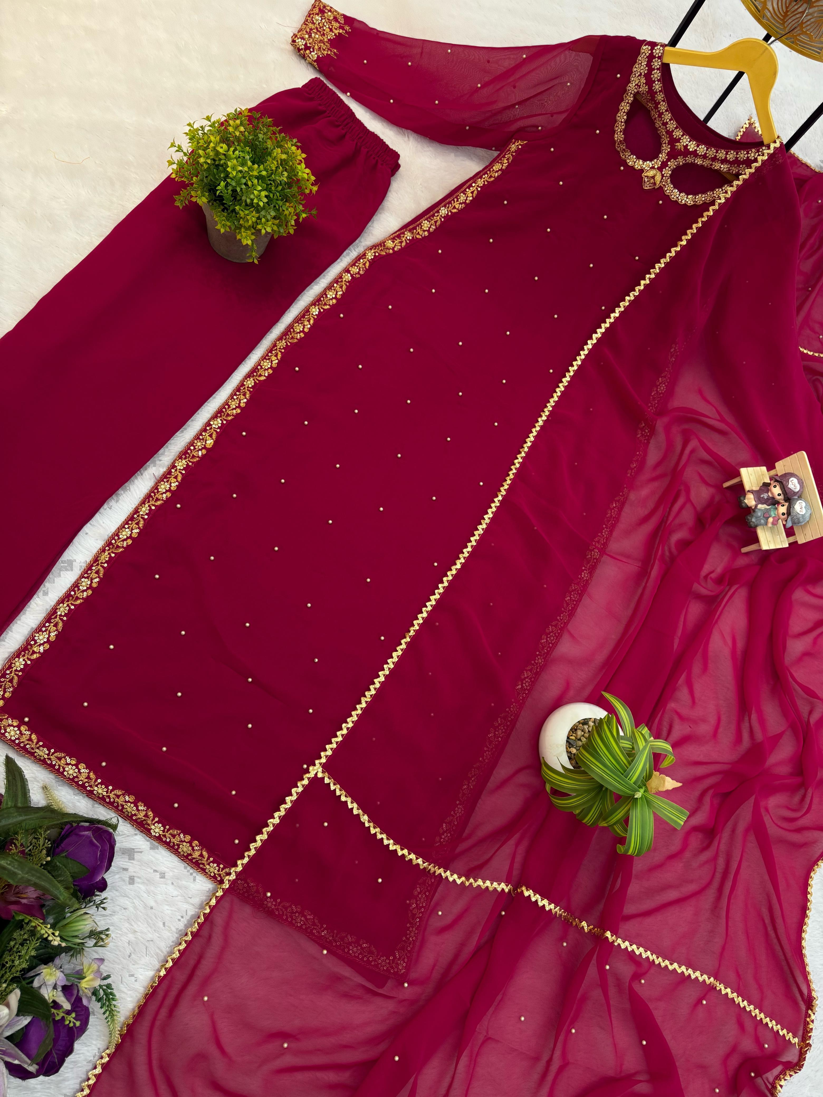 Attractive Maroon Georgette Embroidery Work Palazzo Suit