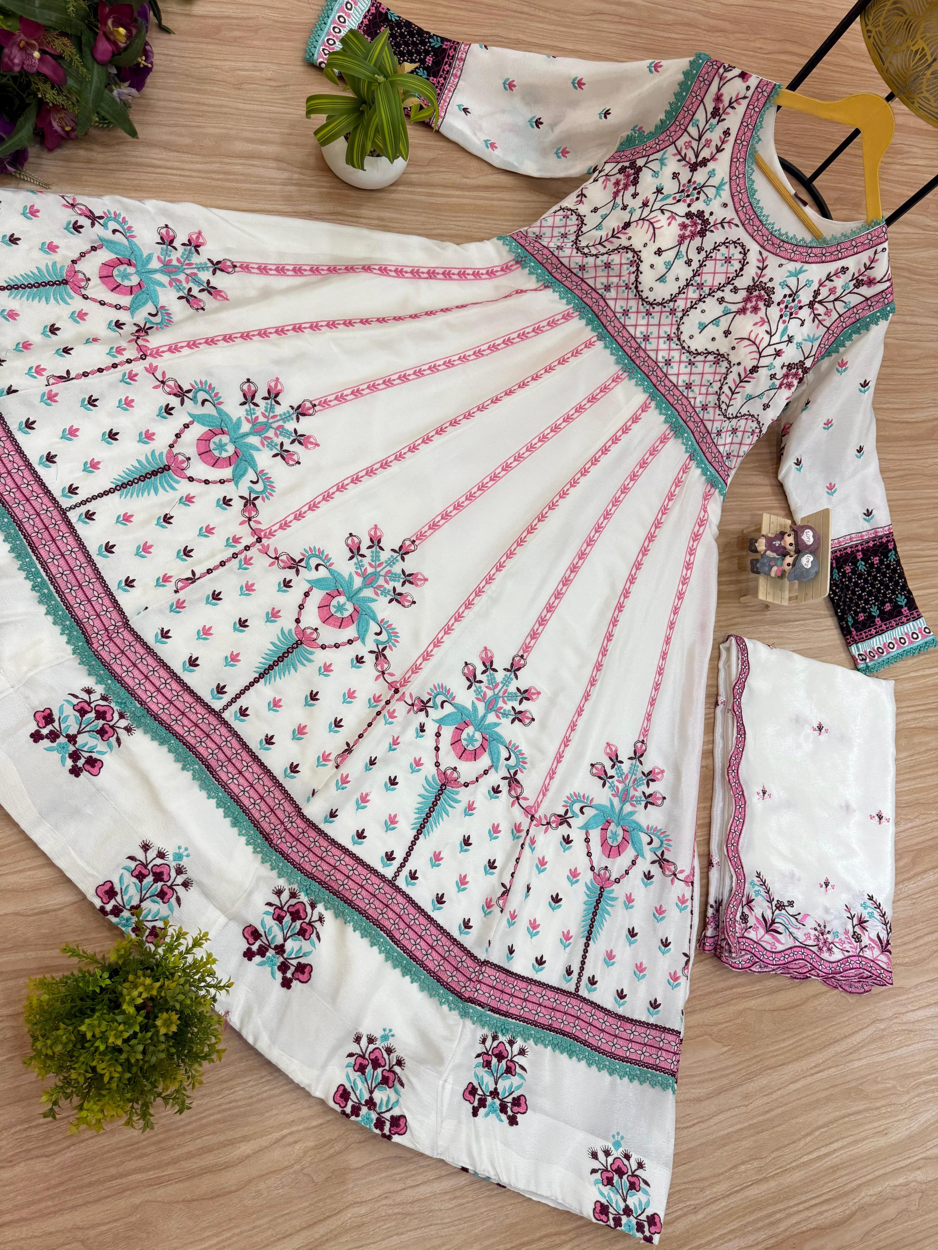 Beautiful White Color Chinon Embroidery Work Gown