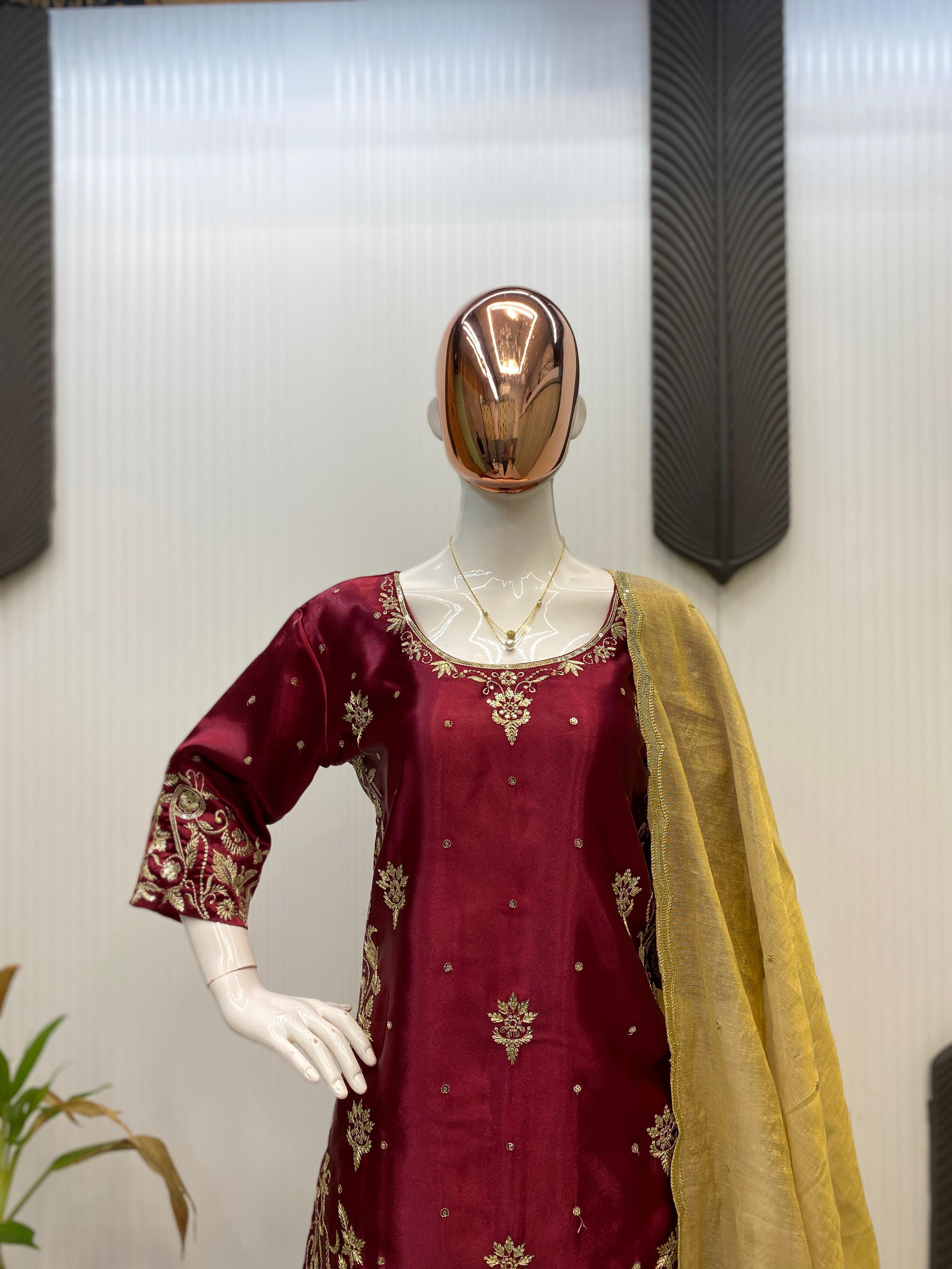 Trendy Maroon Satin Sequence Work Salwar Suit