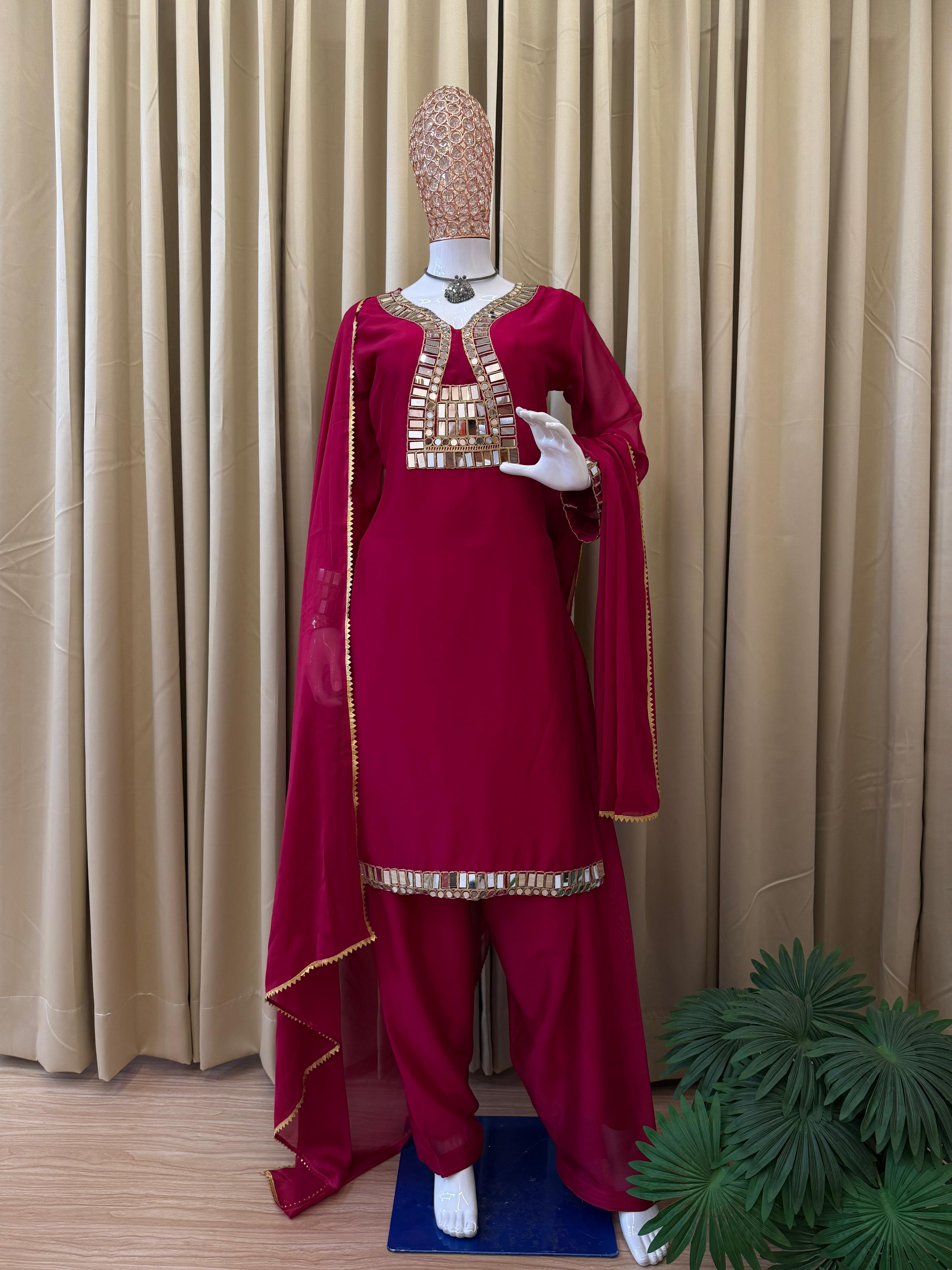 Glorious Green Color Mirror Work Palazzo Suit