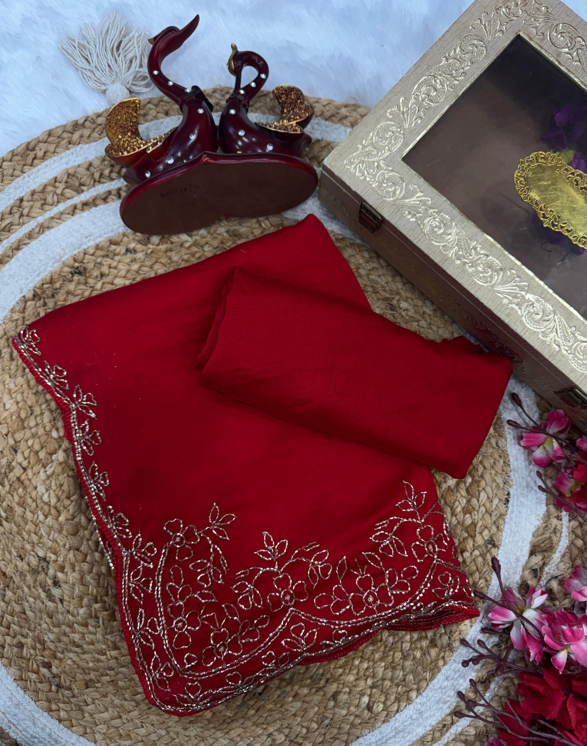 Stylish Red Rangoli Silk Katdana Work Saree