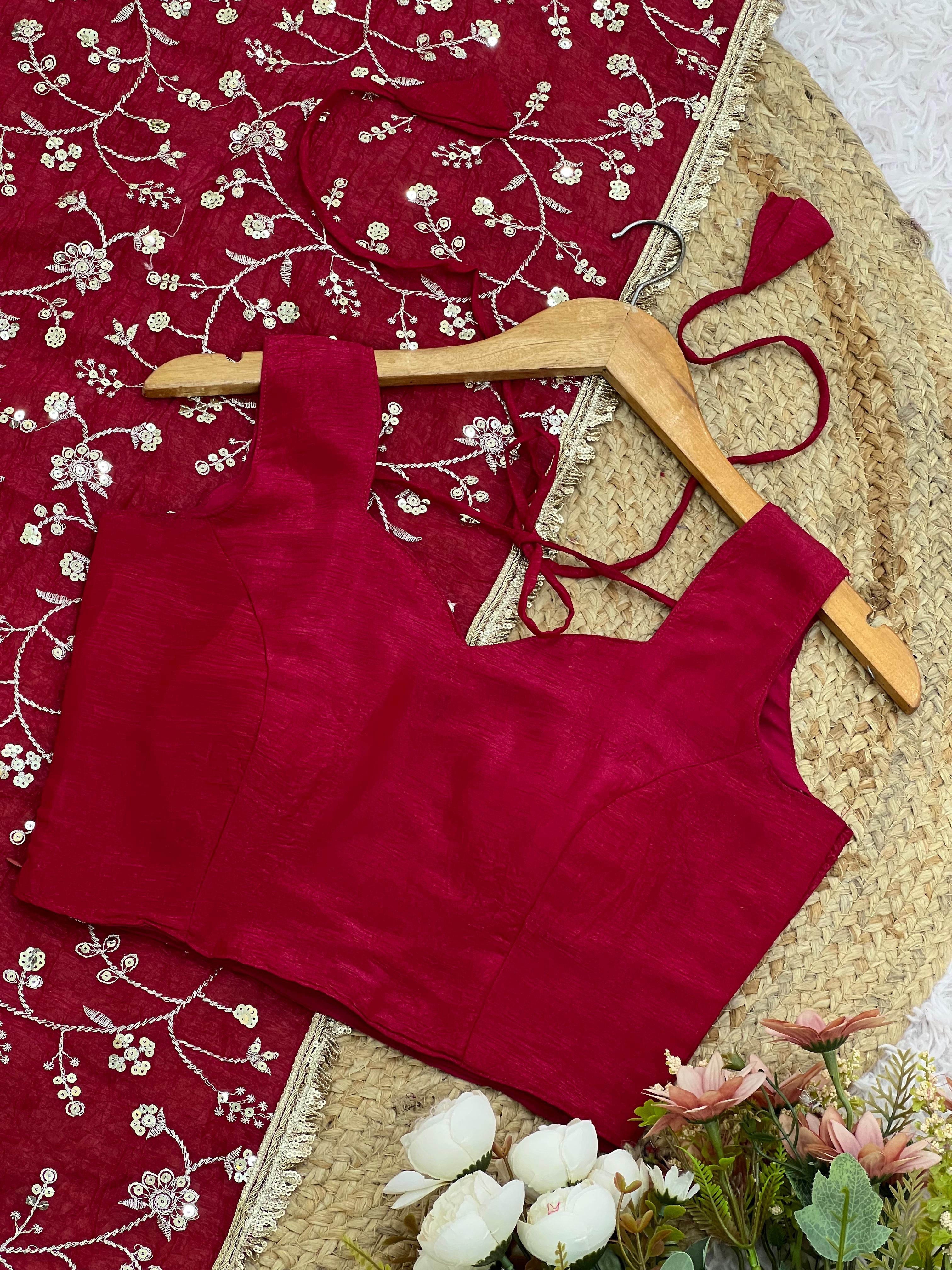 Lovely Red Crunchy Silk Embroidery Work Saree