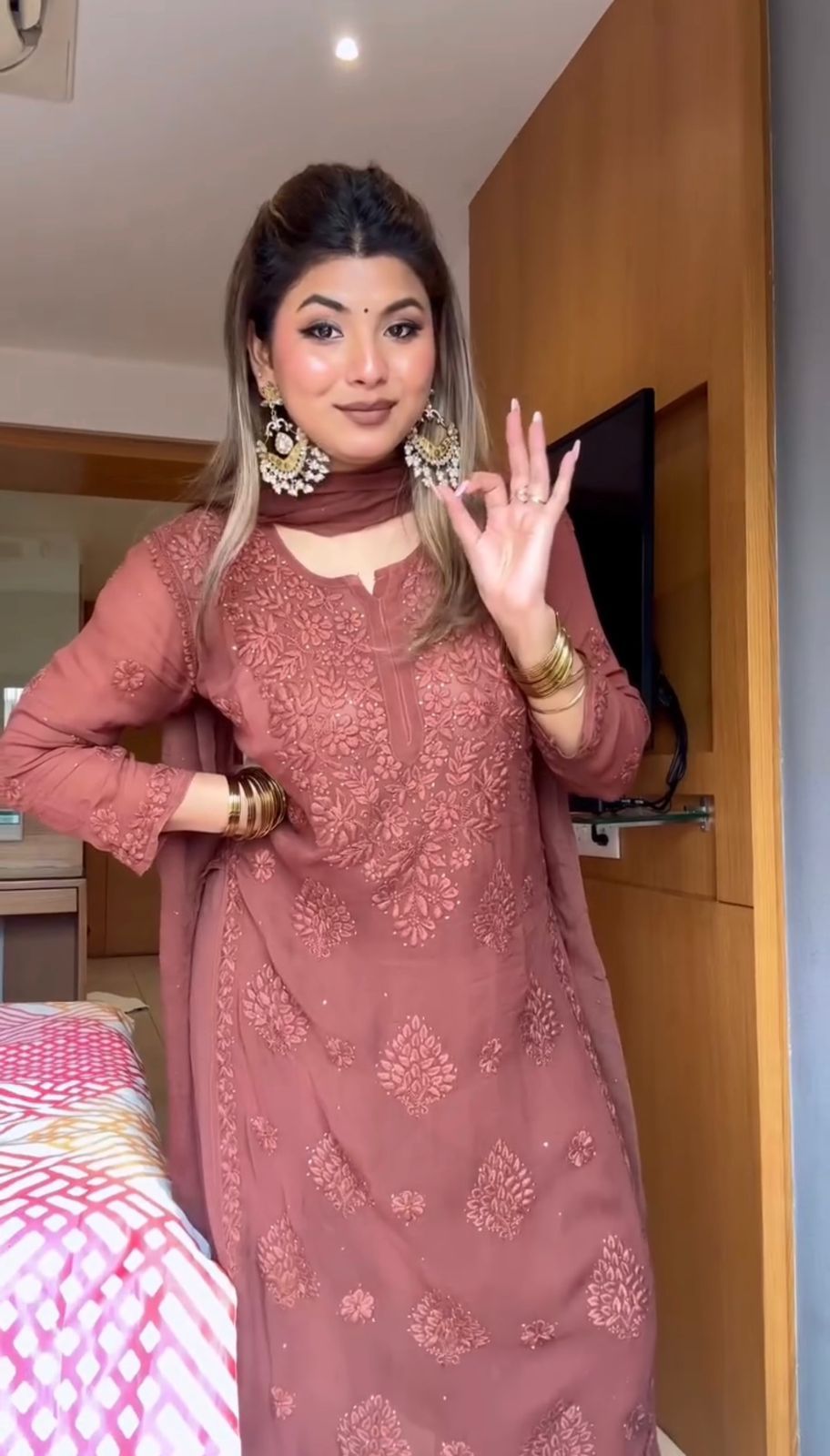 Ravishing Pink Color Embroidery Work Georgette Palazzo Suit