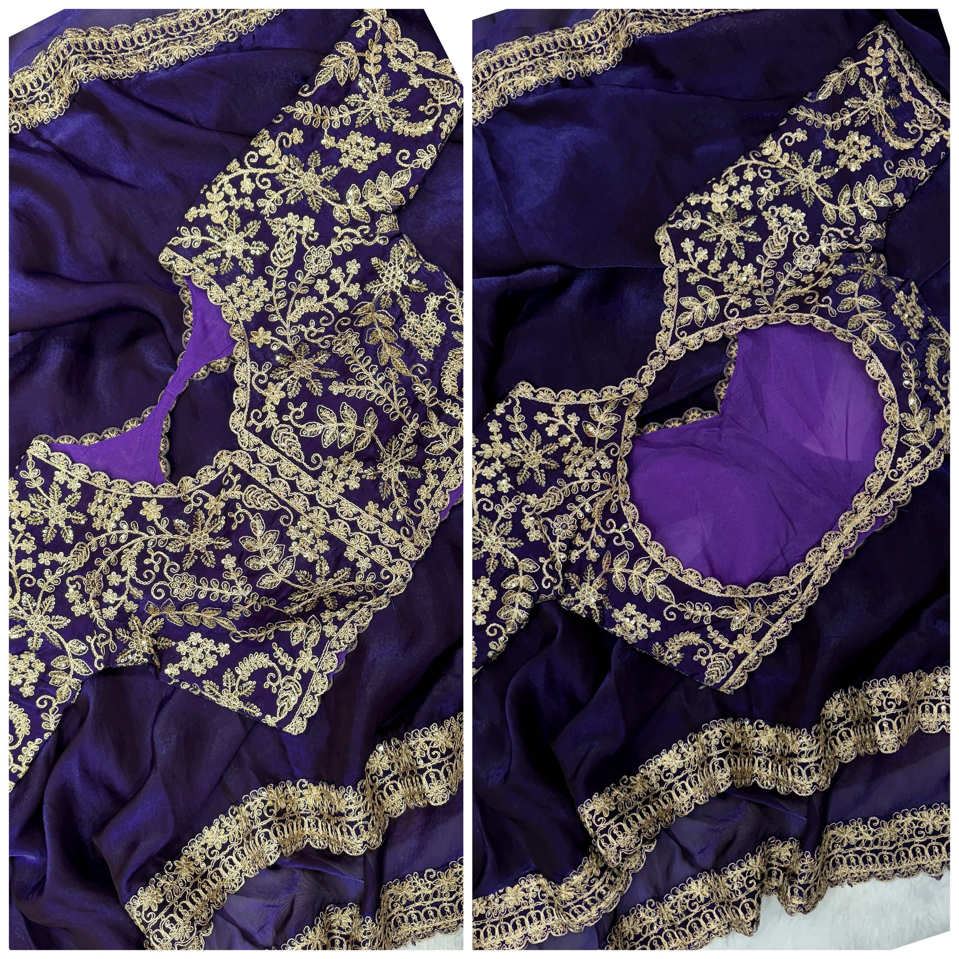 Amazing Purple Embroidery Work Silk Saree