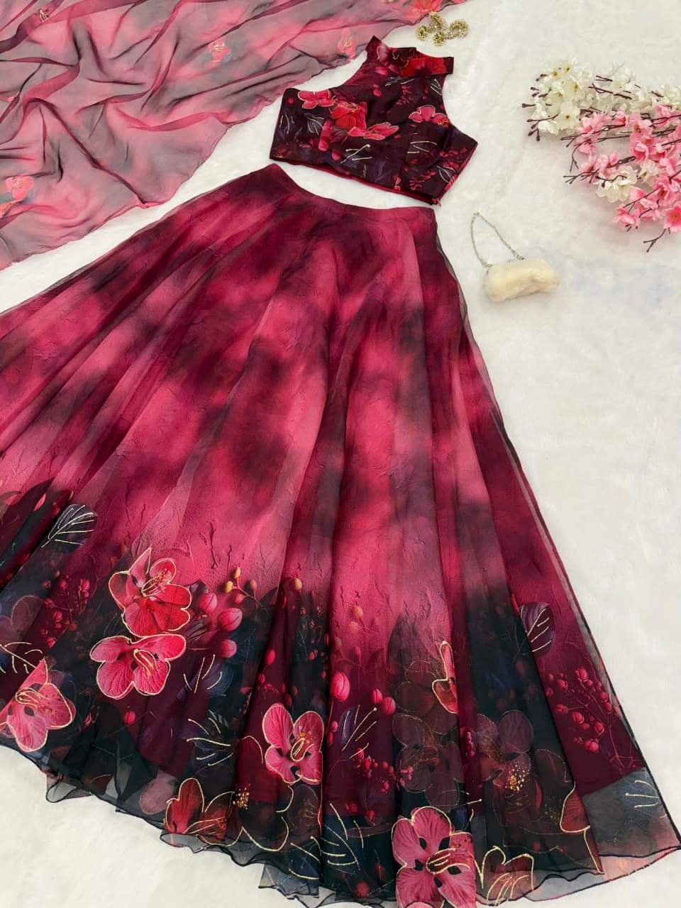 Lovely Pink Color Flower Printed Organza Lehenga Set