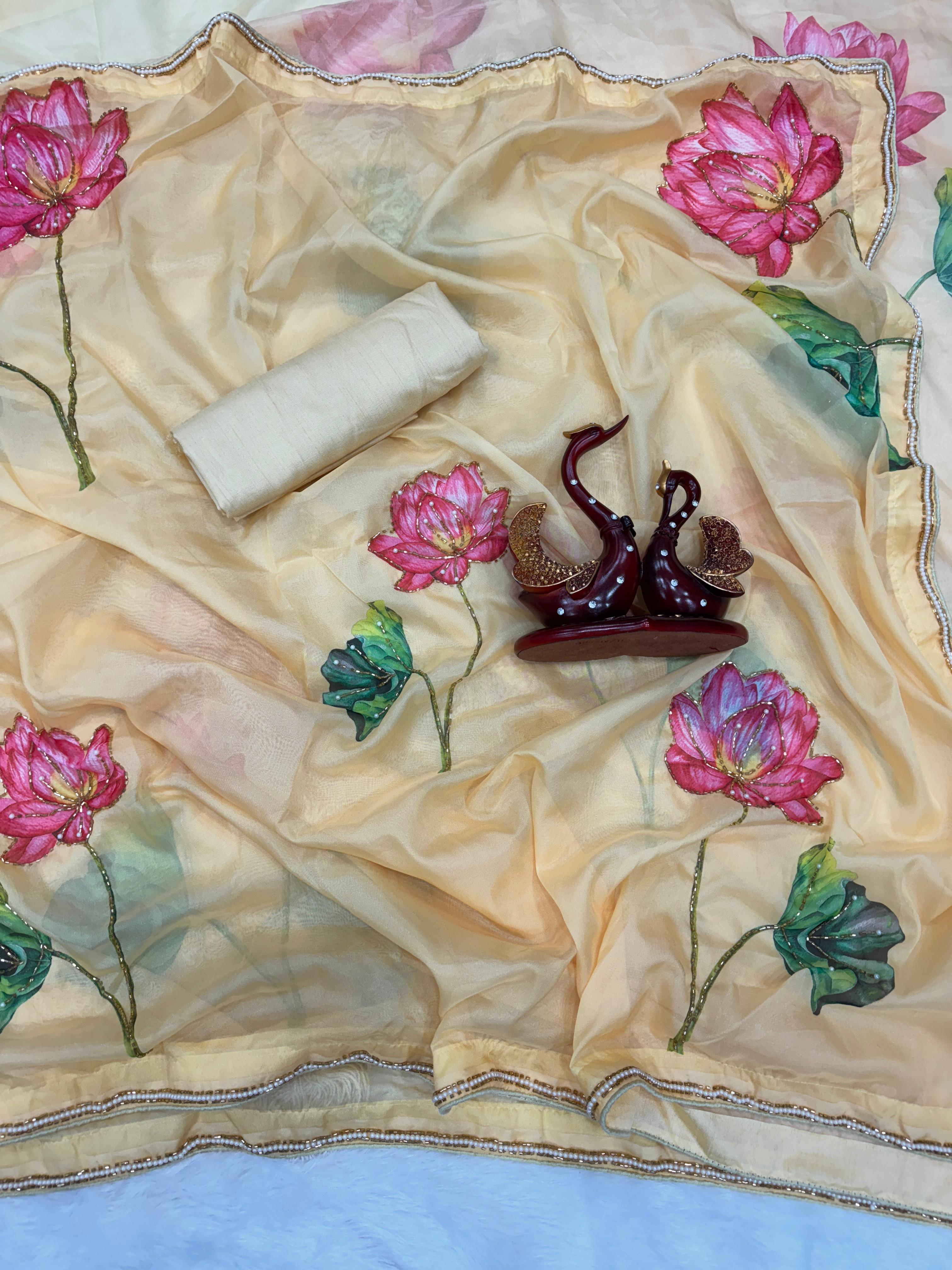 Party Wear Yellow Floral Printed Silk Saree