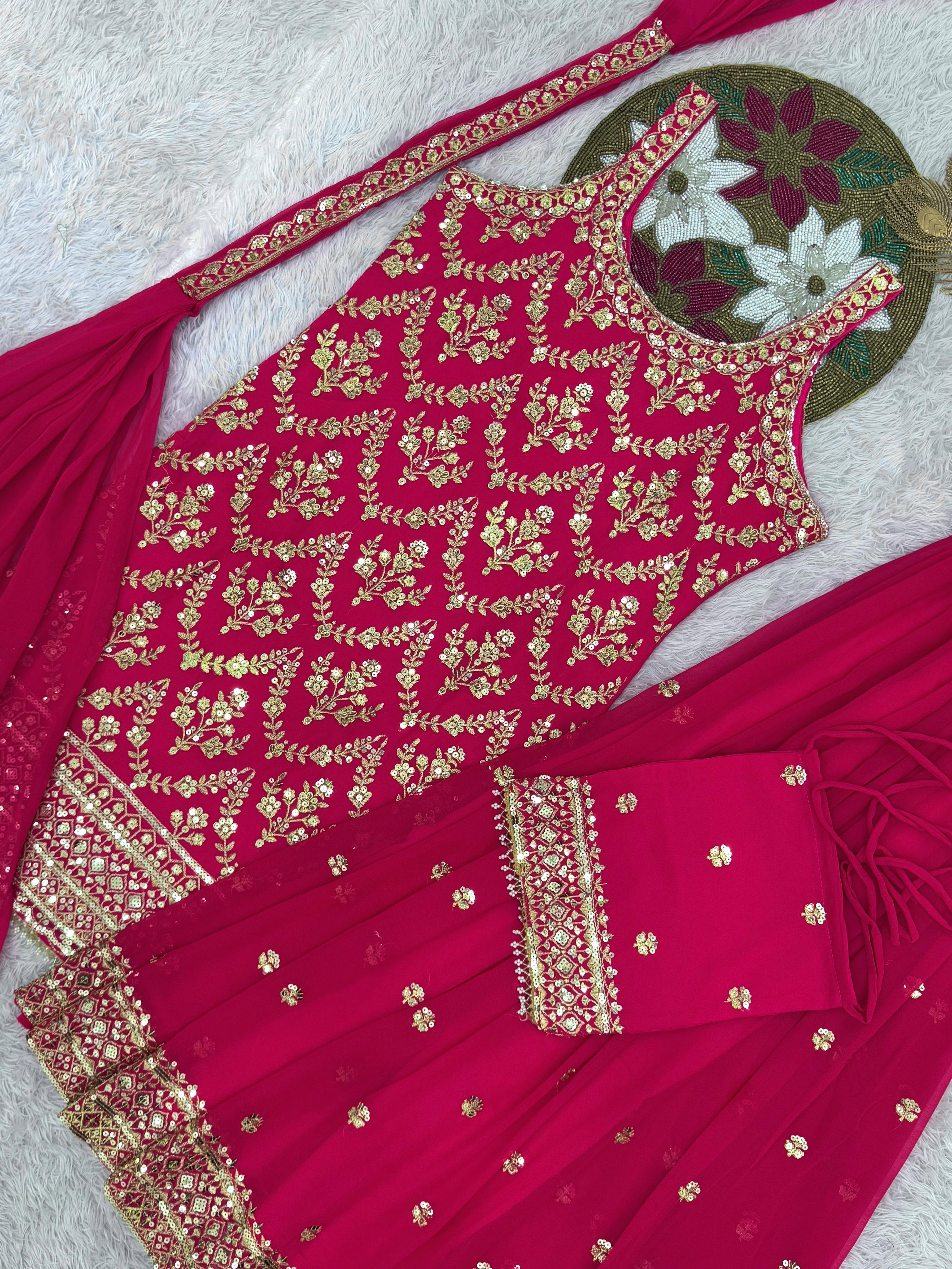 Lovely Pink Color Sequence Work Georgette Sharara Suit