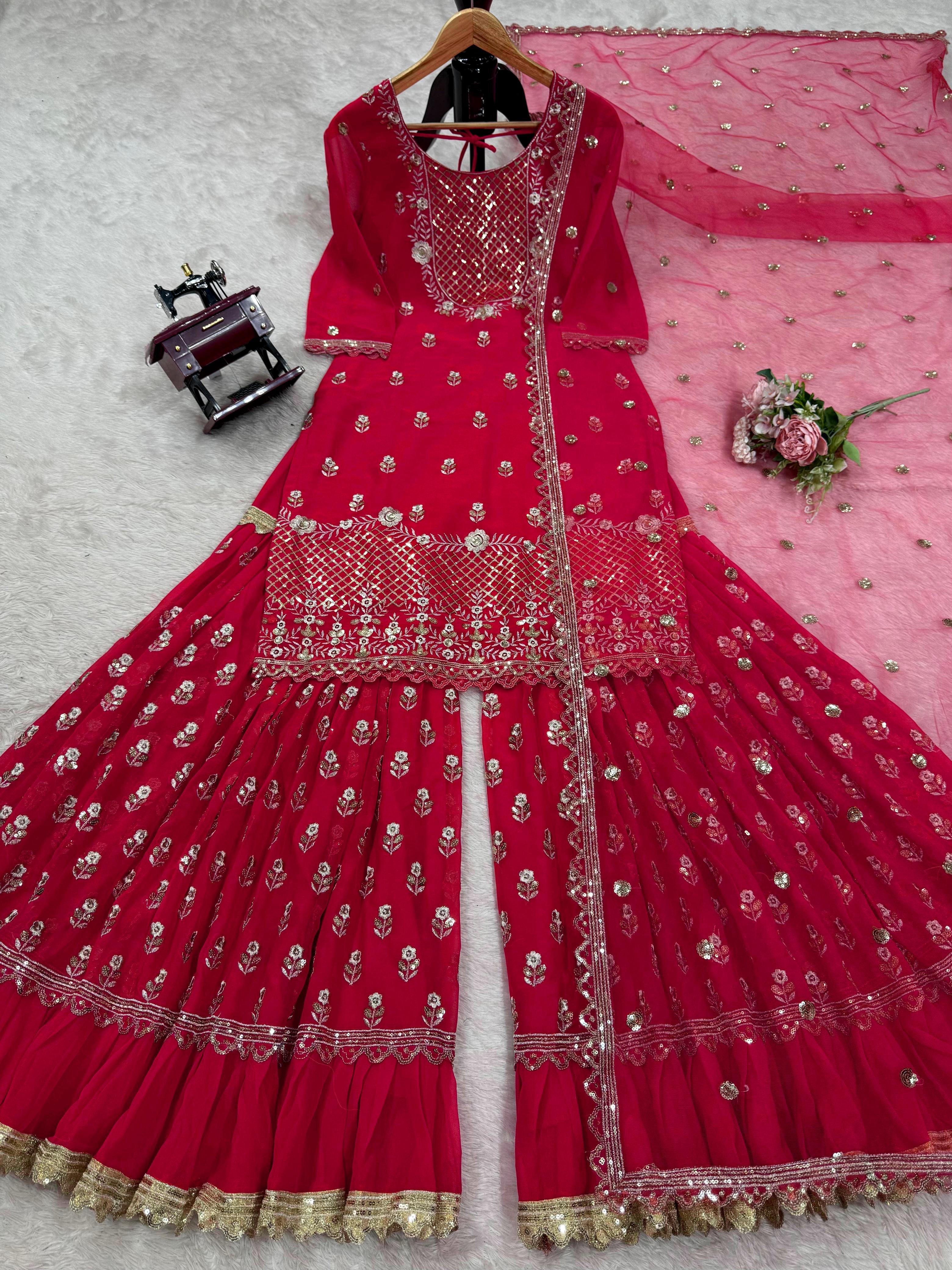 Daisy Red Georgette Thread Work Sharara Suit