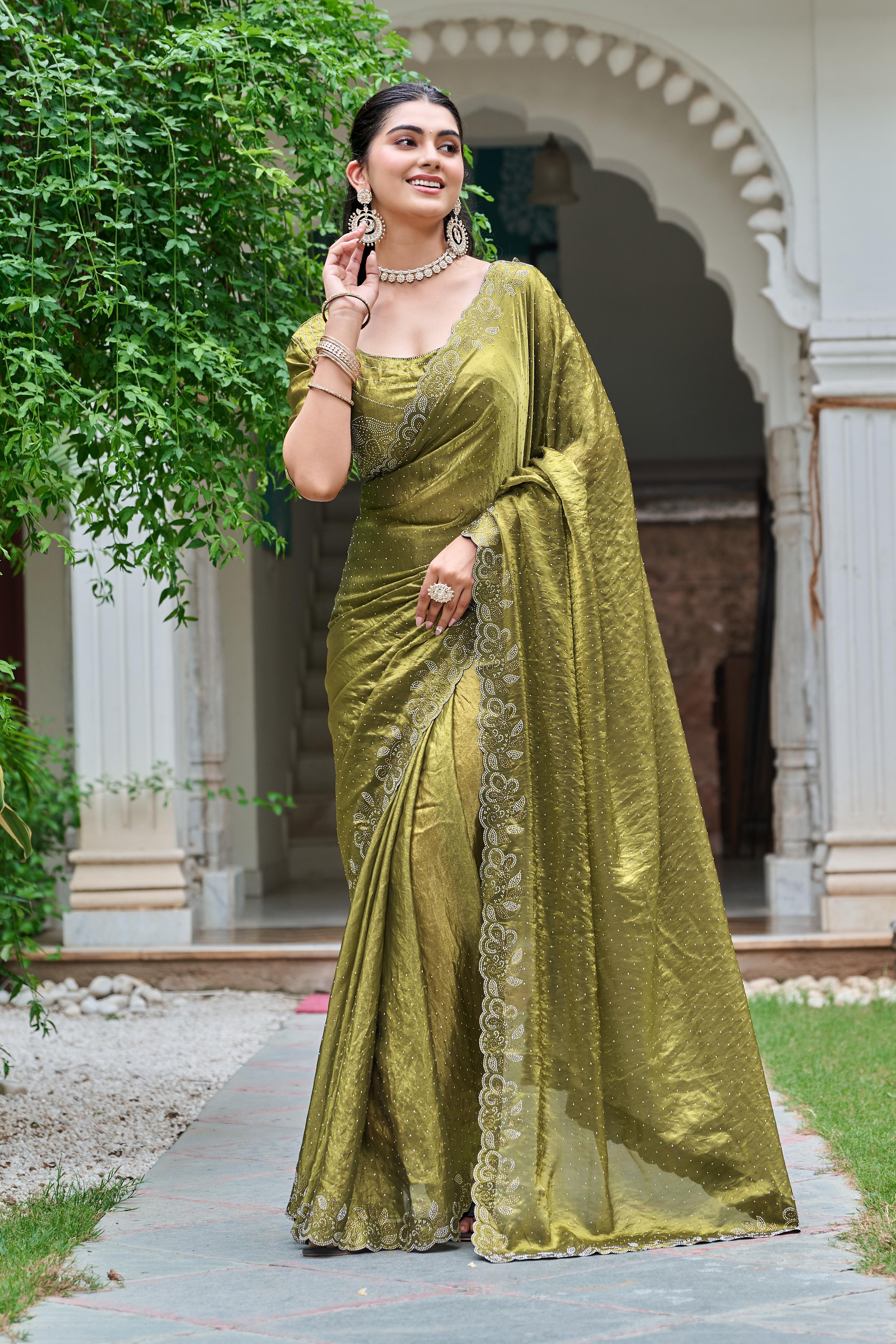 Trendy Red Diamond Work Silk Saree