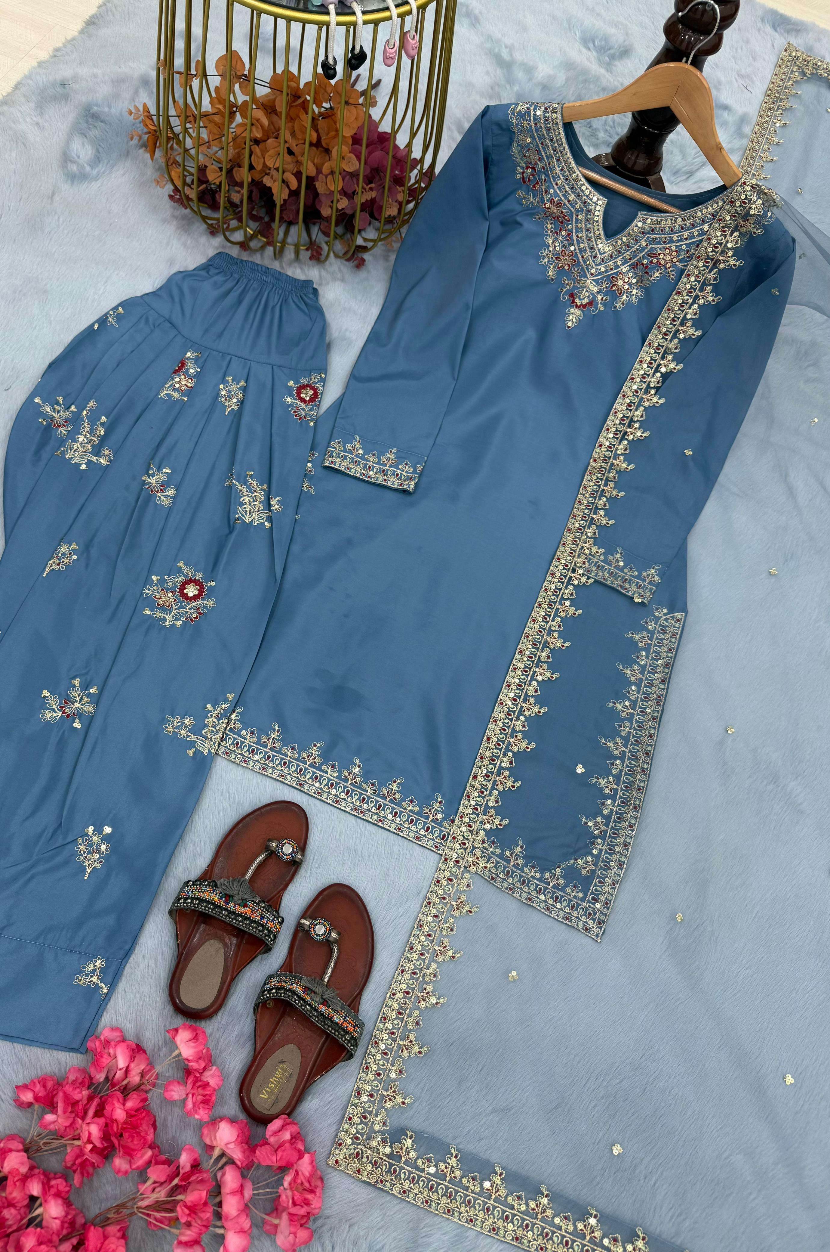 Glorious Blue Crepe Sequence Work Palazzo Suit