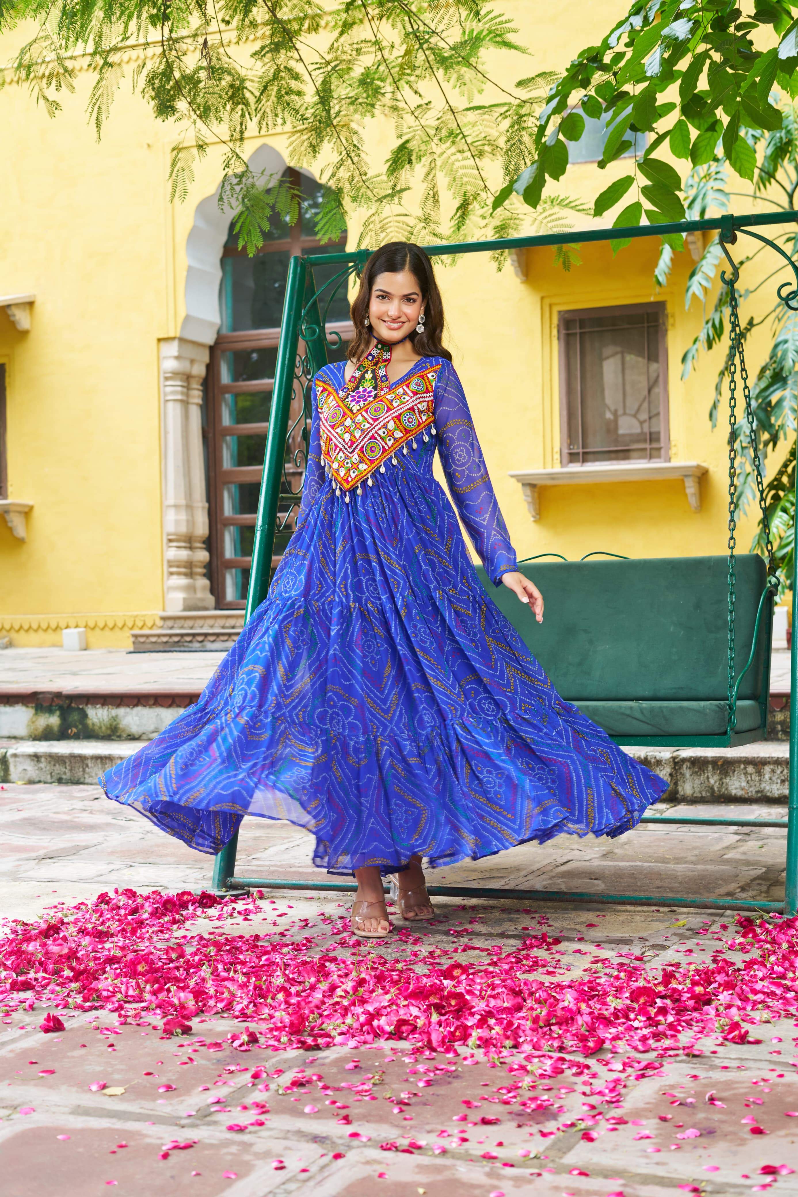 Pretty Pink Georgette Kutchi Work Gown For Navratri