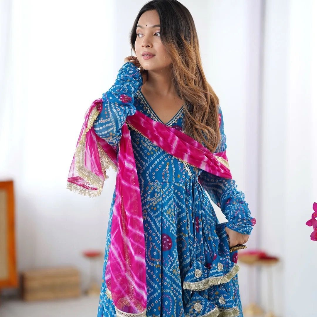 Trendy Blue Georgette Embroidery Work Gown