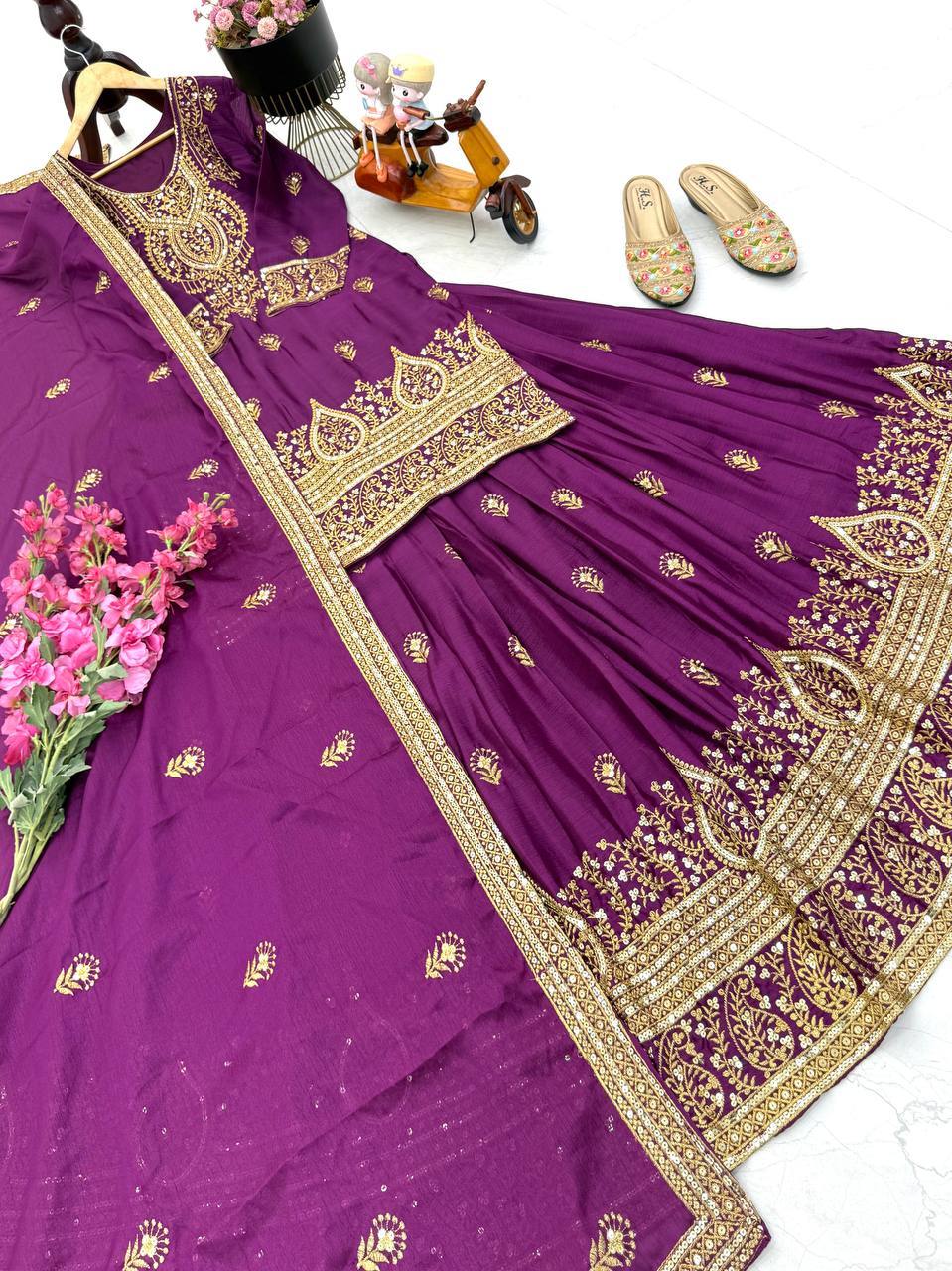 Pretty Mustard Chinon Silk Embroidery Sequence Work Top With Lehenga