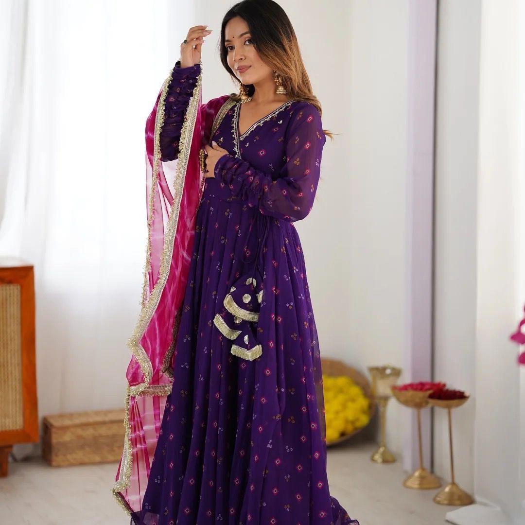 Trendy Blue Georgette Embroidery Work Gown