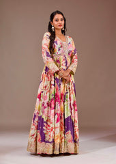 Alluring Multicolor Chinon Silk Embroidery Work Gown