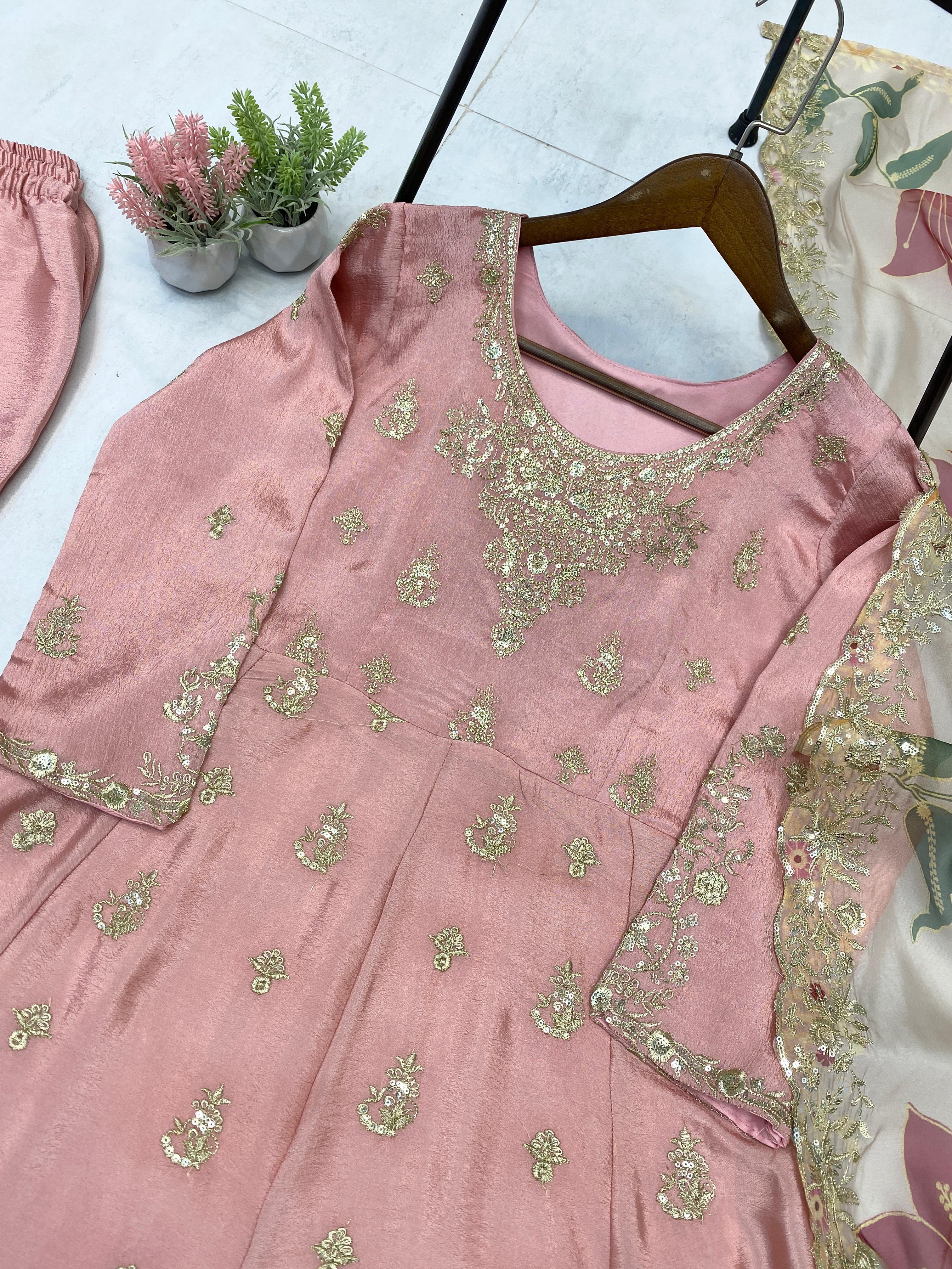 Gorgeous Pink Chinon Sequence Work Gown With Palazzo Suit