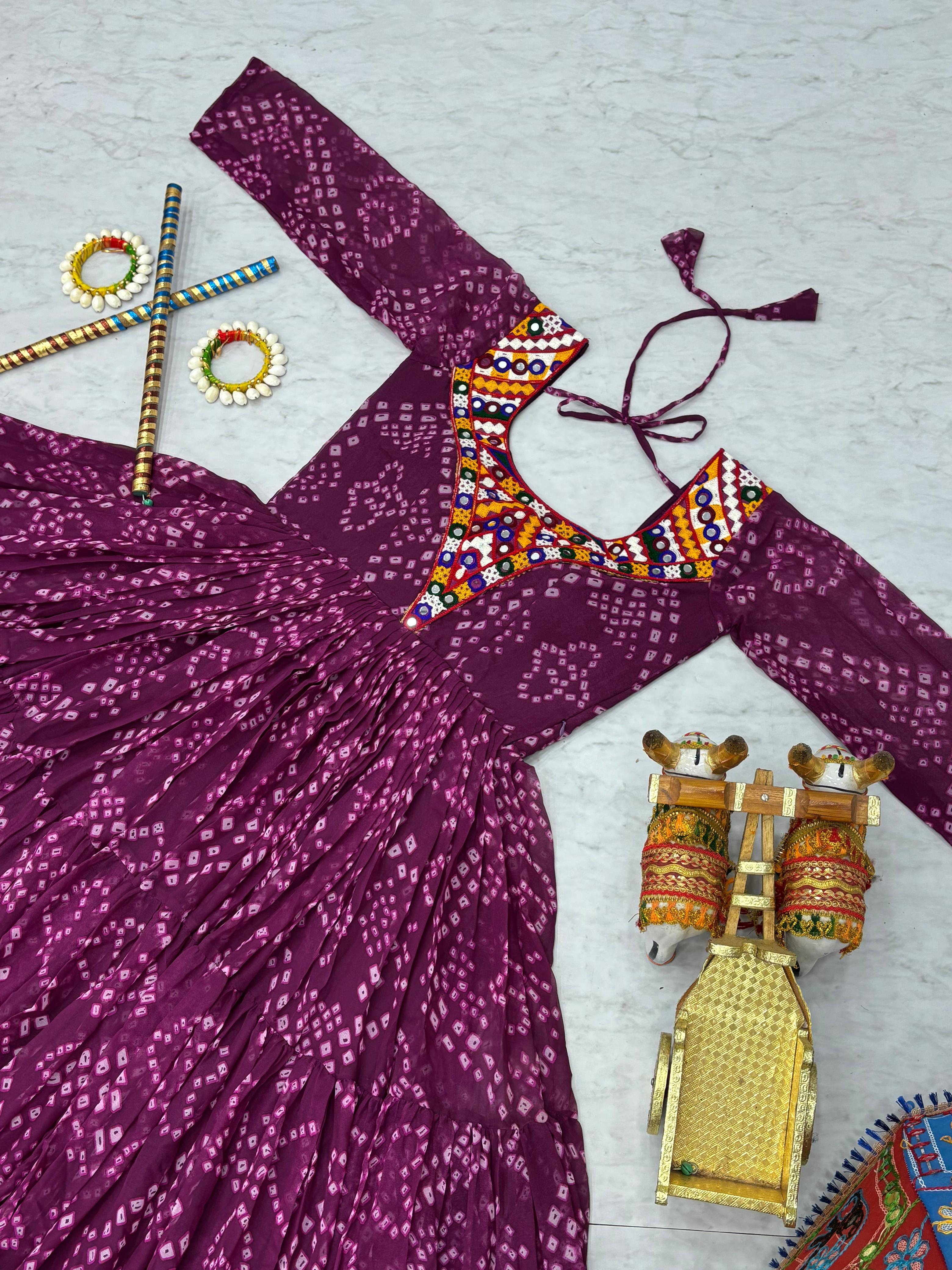 Lovely Purple Georgette Gamthi Work Gown For Navratri