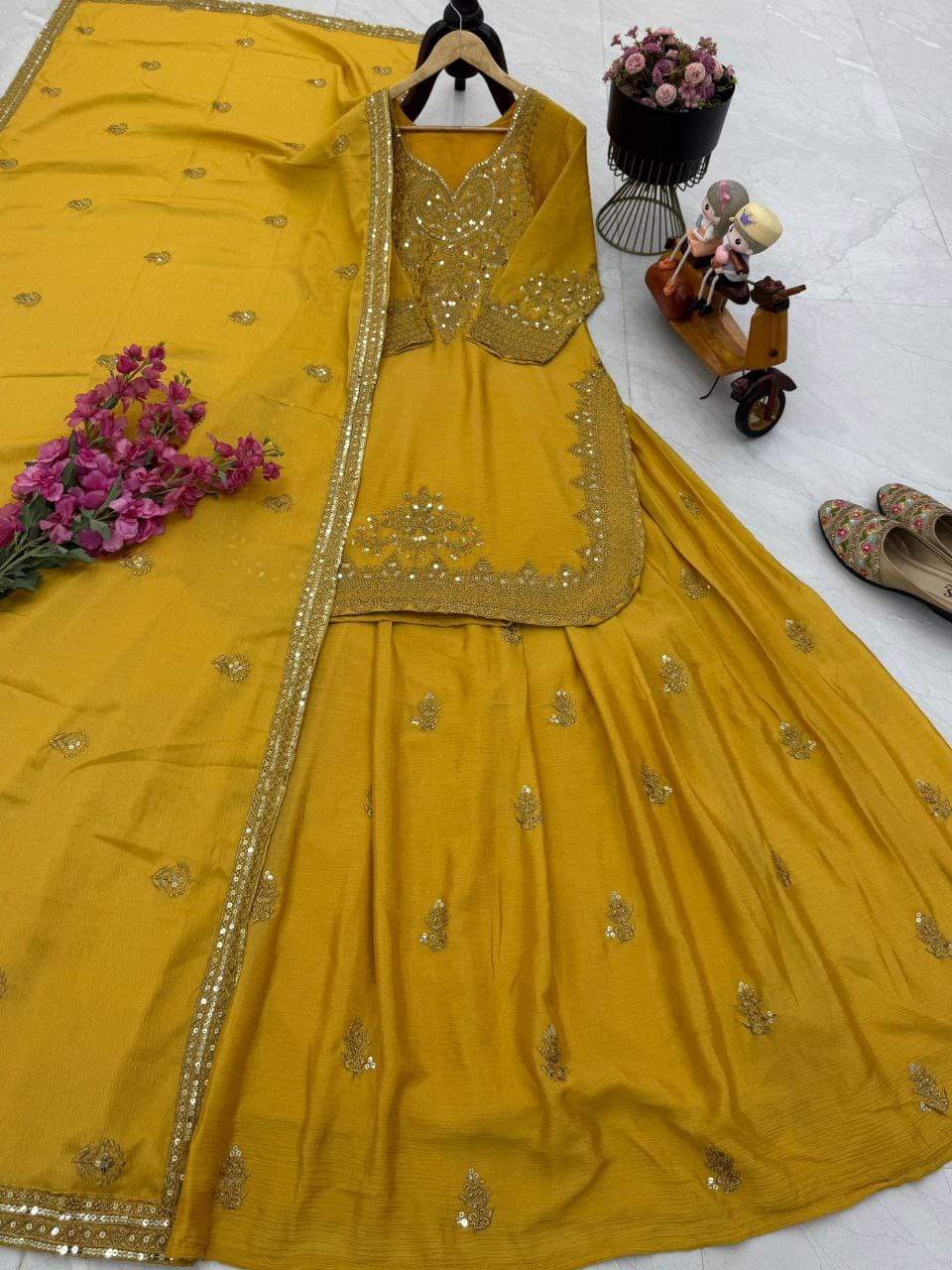 Ravishing Pink Chinon Silk Sequence Work Top With Lehenga
