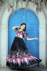 Crush Pleating With Print Black Color Gown