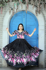 Crush Pleating With Print Black Color Gown