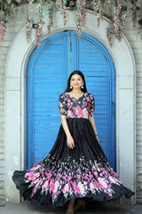 Crush Pleating With Print Black Color Gown