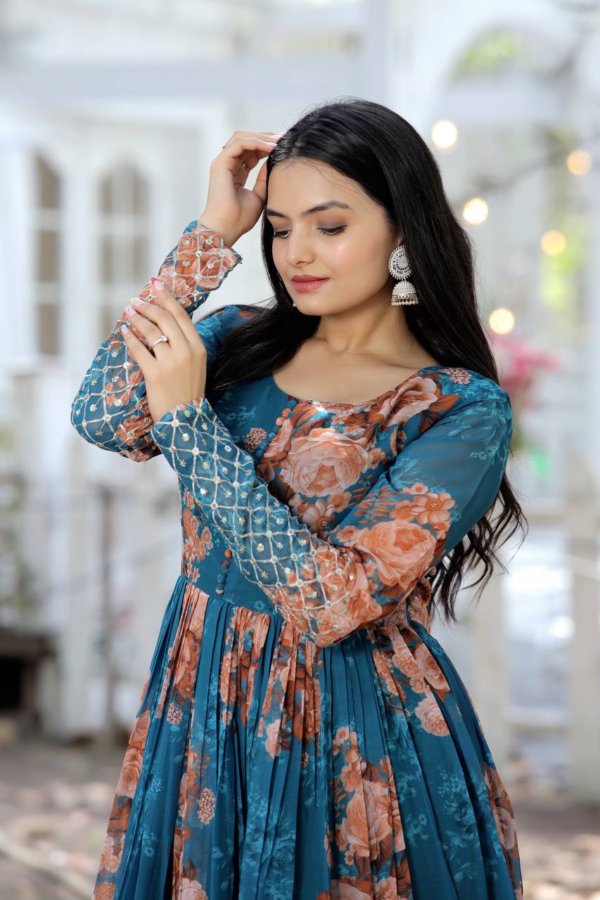Graceful Embroidery Work With Printed Teal Blue Color Gown